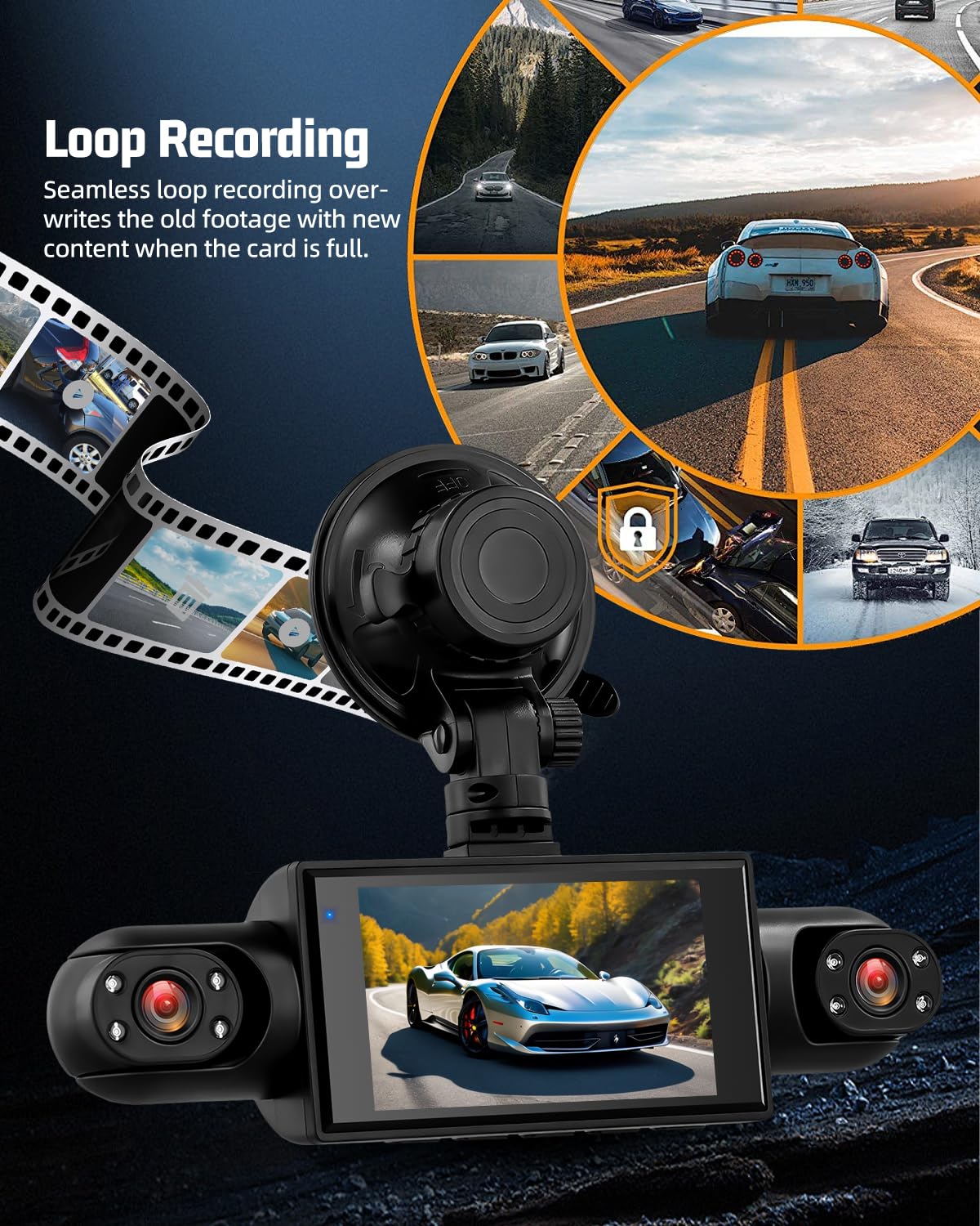 NHOPEEW 3 pollici 1080P 4 canali dash cam per auto, DVR 360°, Dash Cam con rilevamento del movimento, visione notturna, registrazione in loop e compensazione dell'esposizione