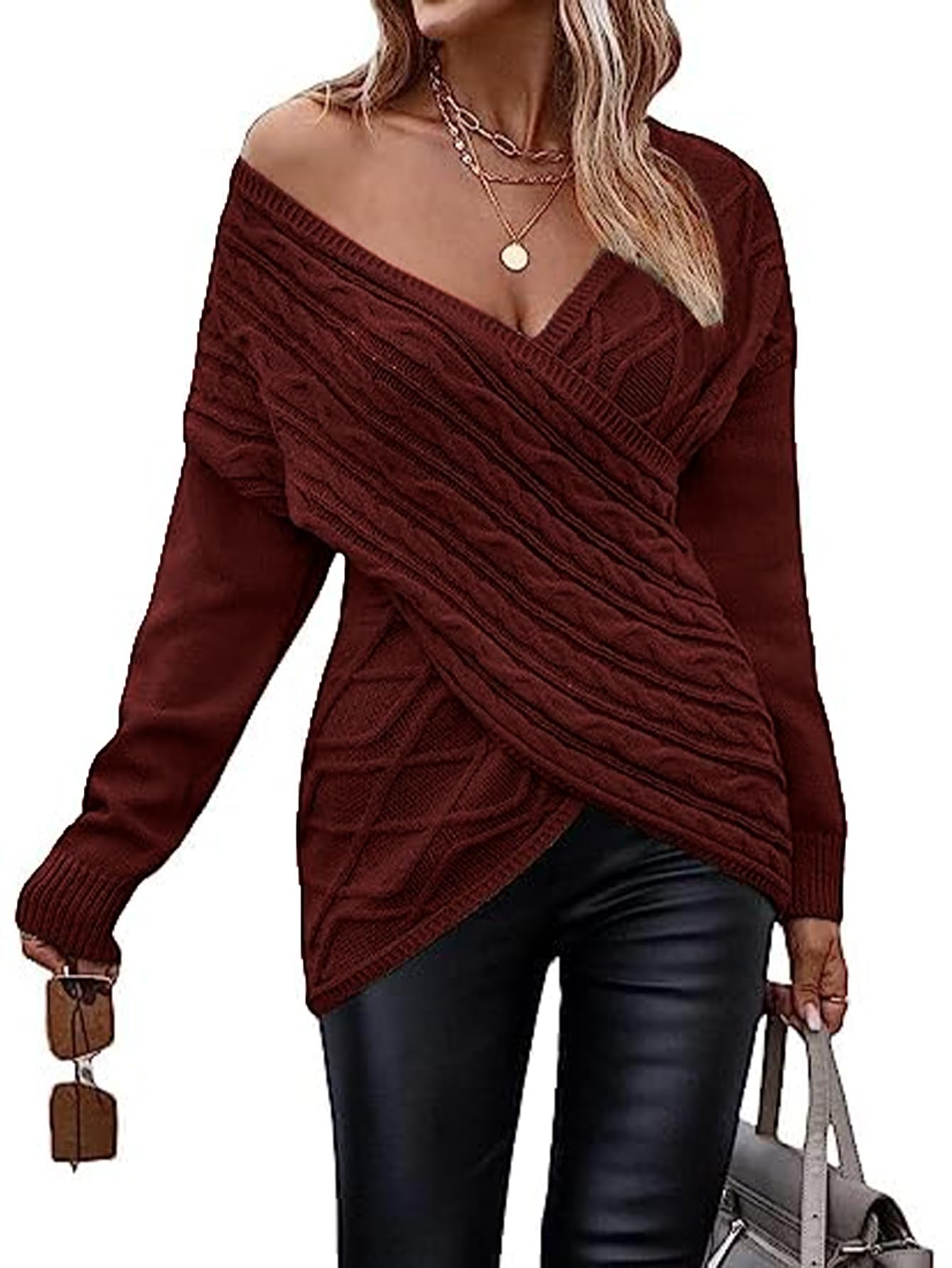 Womens Casual V Neck Long Sleeve Sweaters Cross Wrap Front Cable Knit Pullover Sweater Jumper Tops