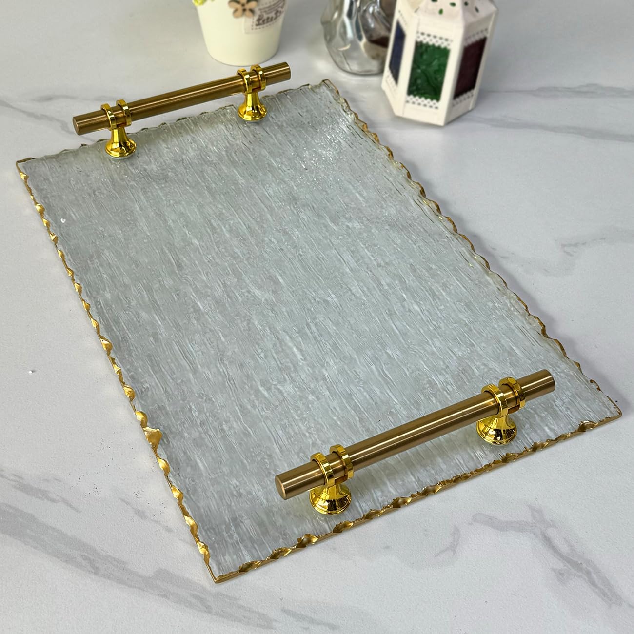 Art Street Multipurpose Decorative Glass Serving Tray, Platter Dish with Handle Party Rectangular Coffee Table Decorative Tray for Food, Snack, Tea, Jewelry for Home Decor(Gold, Size: 9x13.5 Inch) (B0D73QC5RD) Amazon Price History, Amazon Price Tracker