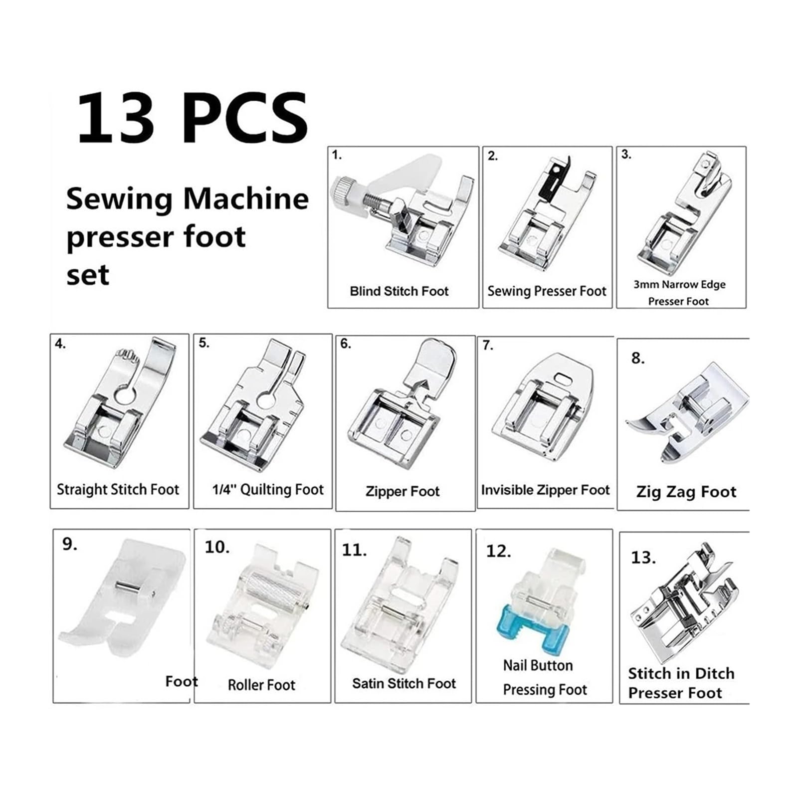13 Szt. Zestaw Stopek Dociskowych Zamek Rolkowy Do Akcesoriów Maszyn Szycia Domowego