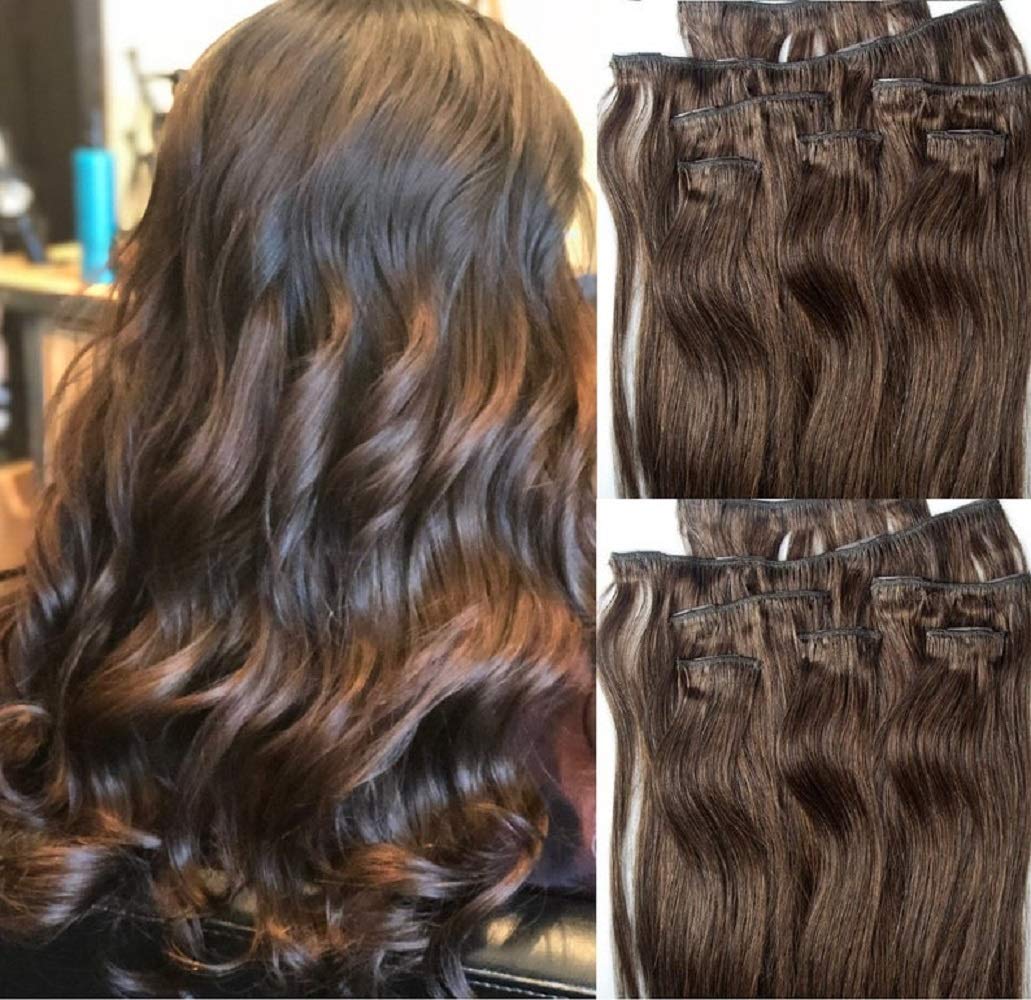 Hair Faux You 18" Clip in Hair Extensions Real Human Hair 80g Clip on for Full Head 7 pieces, 14 clips, Silky Straight Weft Remy Hair Color #4 Dark Brown