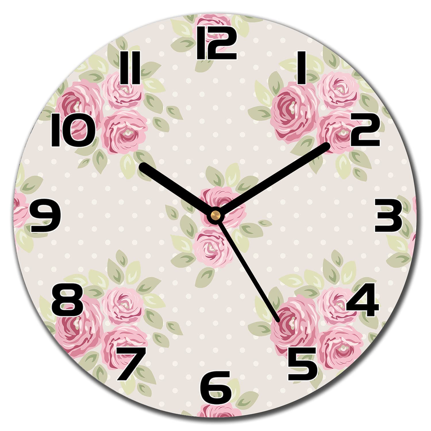 Horloge en verre 30 cm Roses Anglaises avec aiguilles noires pour deco murale
