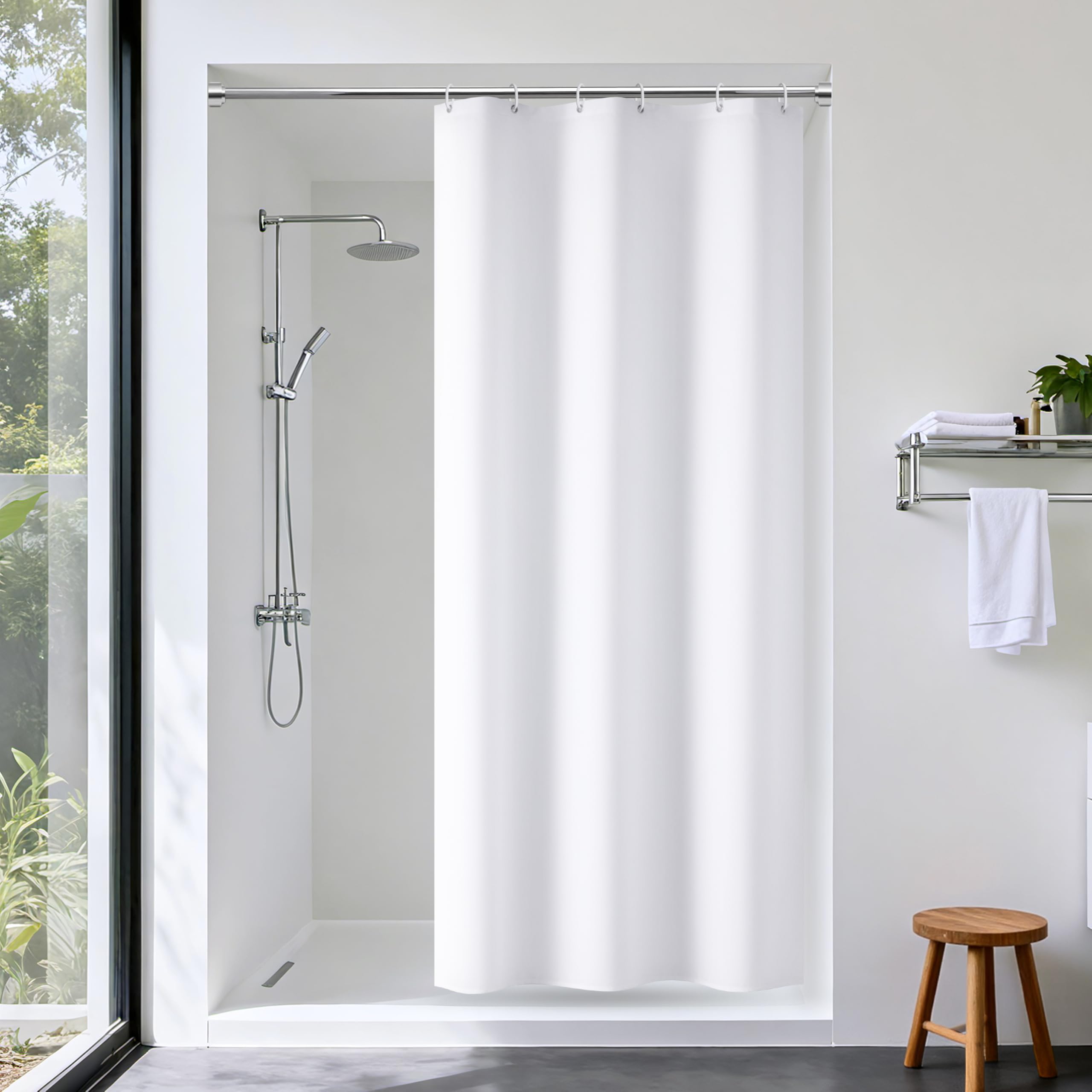VANZAVANZU White Fabric Shower Curtain 90x180 cm with Hooks, 120GSM Ultimate Waterproof Shower Curtain, Mould Proof Resistant, Soft TPU Coating, Weighted Hem, Washable, Hotel Quality Bathroom Curtain