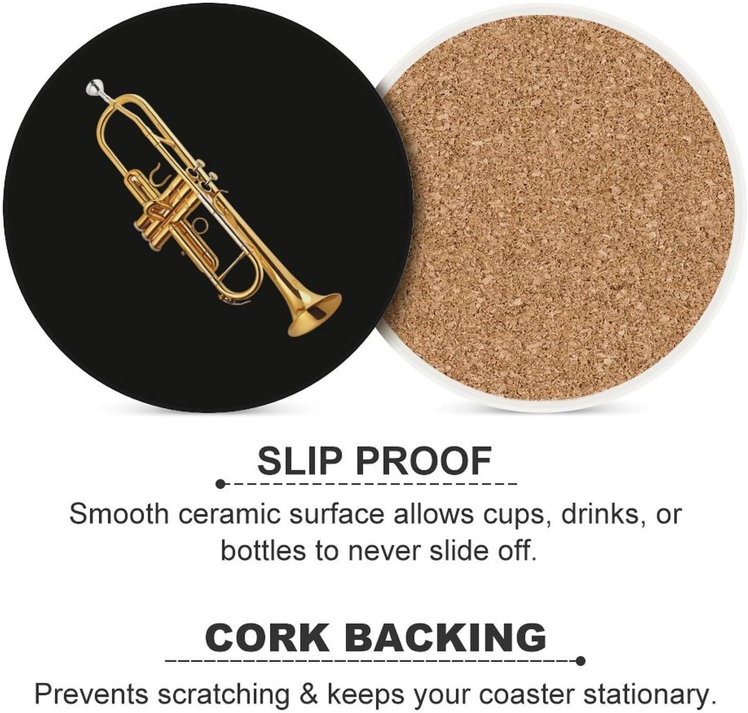 Gold Trombone Round Ceramic Coasters Print Drinks Absorbent with Cork Base for Home Decor Gifts 4 Inch
