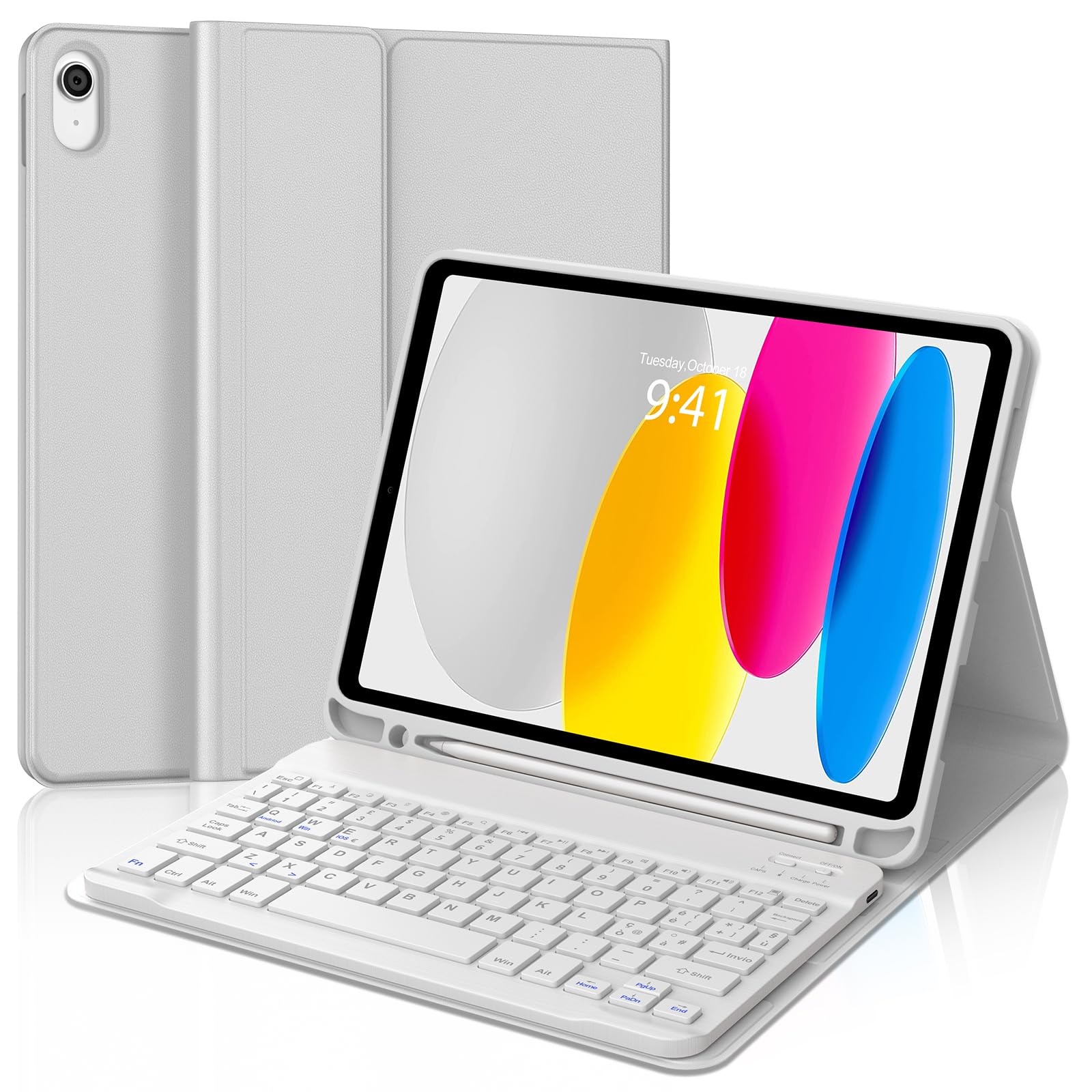 Cover con Tastiera per iPad A16 11" Gen (2025) e 10.9" Gen (2022), Italiano QWERTY, Senza Retroilluminazione e Senza Touchpad, Bluetooth 5.0, con Porta Penna Sottostante, Grigio Chiaro