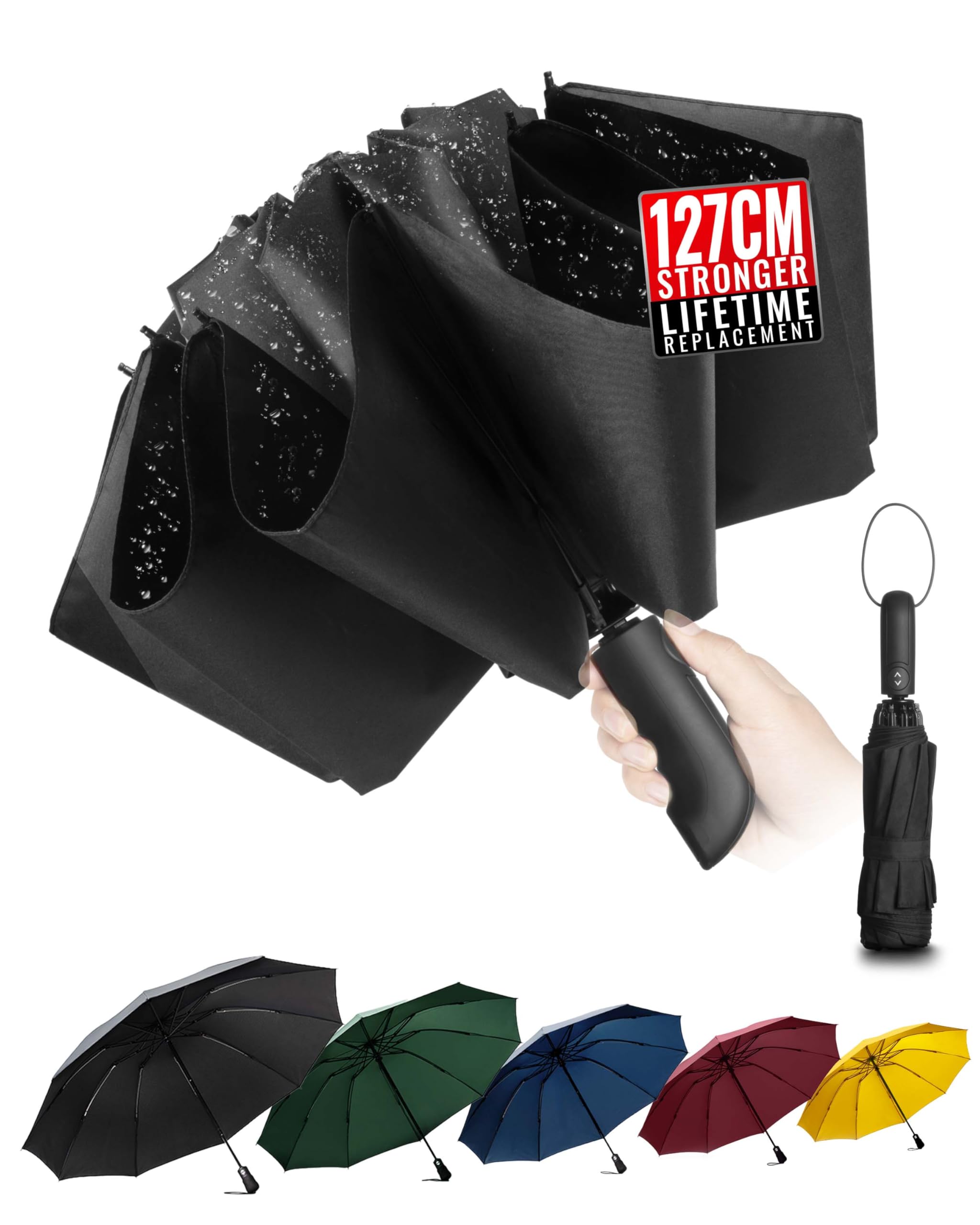Conlun Ombrello pieghevole antivento pioggia compatto anti-tempesta - automatico nero per uomo, rivestimento in Tessuto 210T, ombrello inverso da 114 cm, grande 10 ossa Regali di Natale