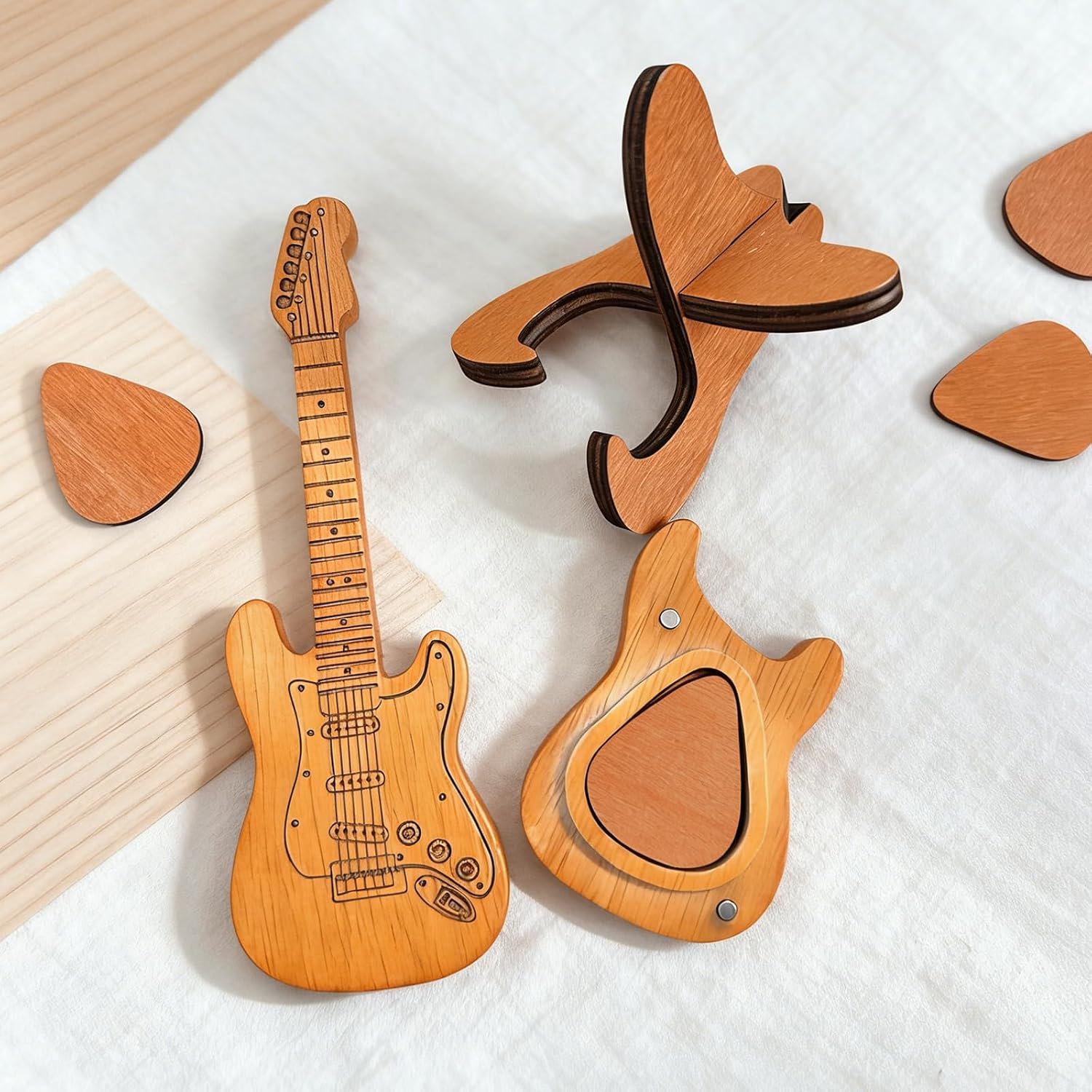 Wooden Guitar Pick Box with 6 Pcs Guitar Picks，Mini Storage Box for Guitarists,Musician Engraved Wooden Plectrum Case,Acoustic Guitar Box for Electric Bass Guitar Ukulele Lover.(Guitar-B) image 5