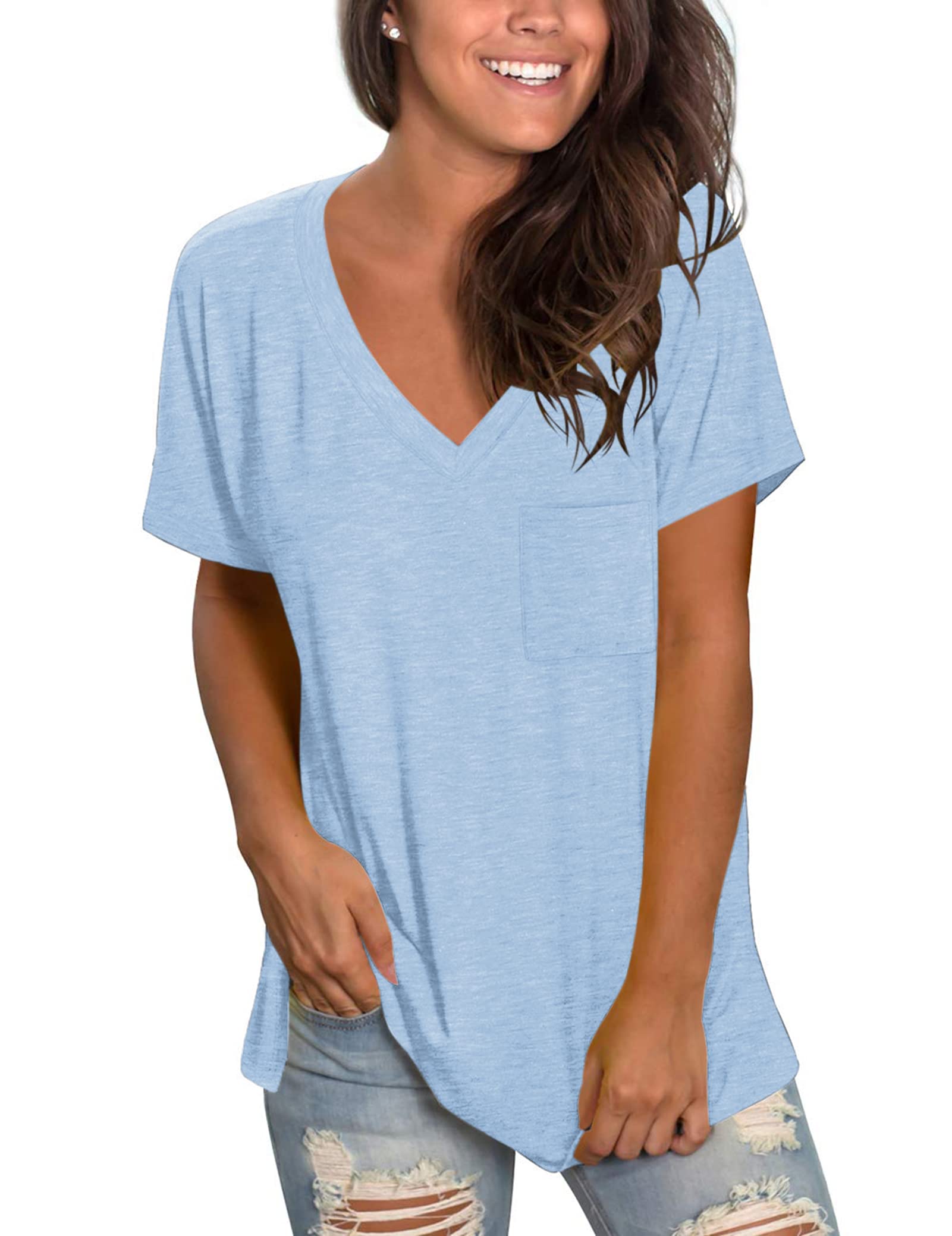MOLERANI Soft Tshirts for Women Short Sleeve Basic Tees Loose Fitting Tops Blouses Sky Blue L