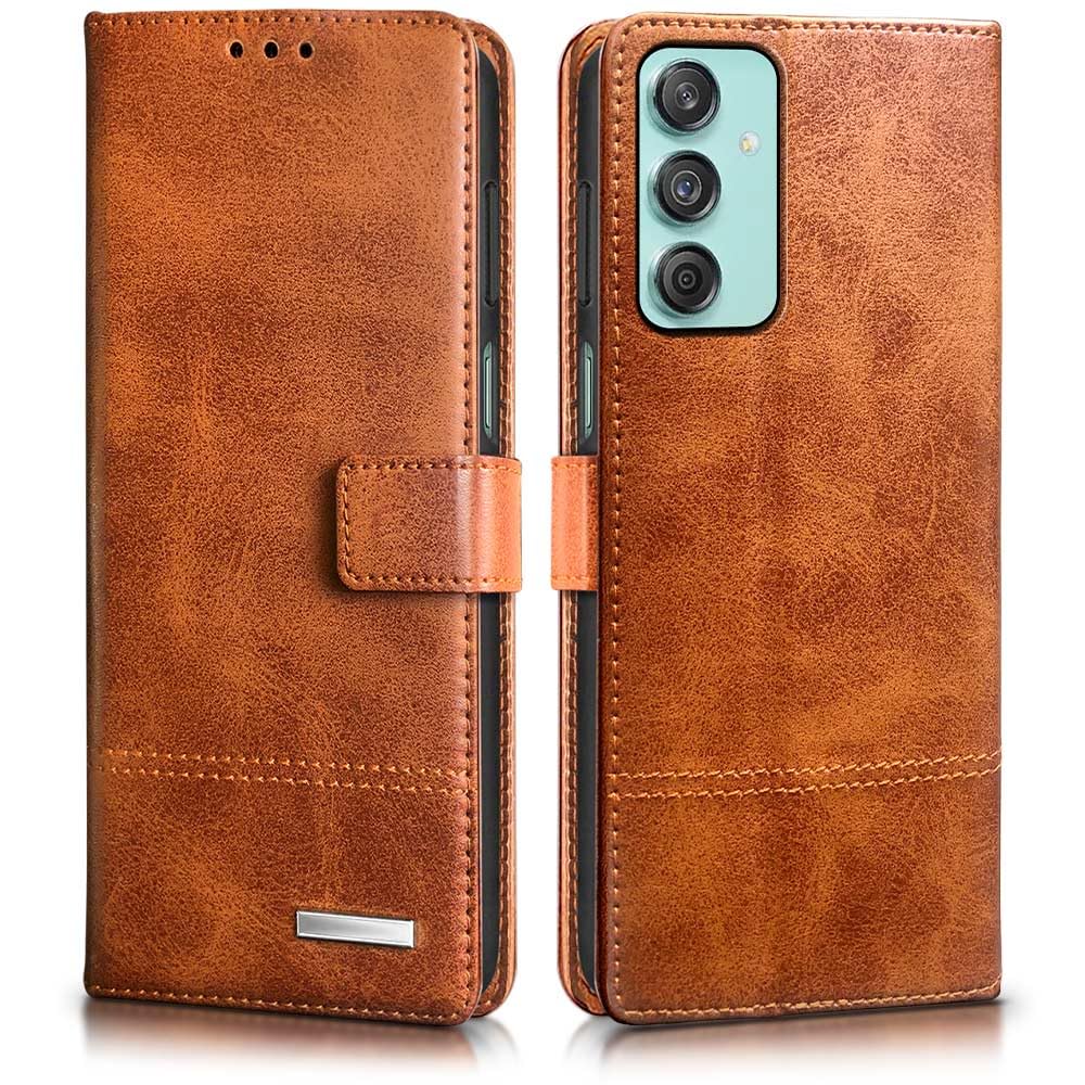 WOW IMAGINE Shock Proof Hand Stitched Luxury Premium Flip Cover Case for Samsung Galaxy M55 5G | M55s 5G | F55 5G (Flexible | Leather Finish | Card Pockets Wallet & Stand | Tanned Brown)