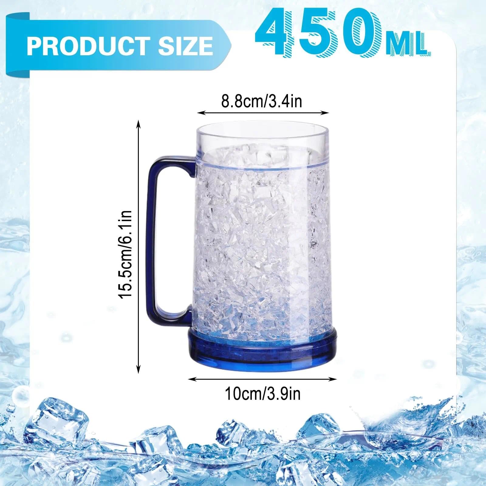 Frozen Beer Mug, 450 ML Doppelwandige Biergläser, Biergläser zum Einfrieren, 10 x 15.5 cm Bierkrug mit Henkel, Bierkrug Kühlend, Kühlbecher (Blau)