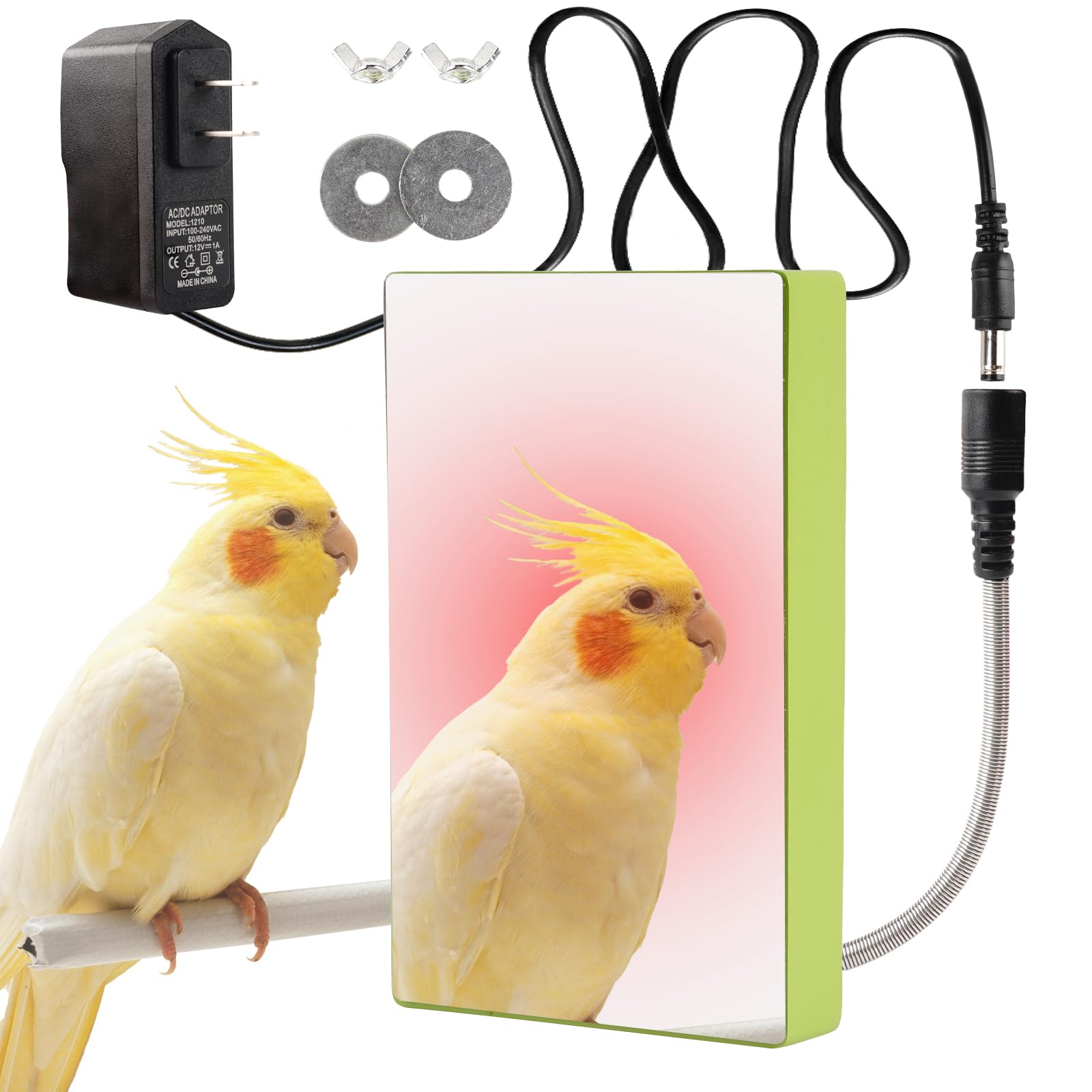 HOSUKKO Bird Cage Heater 5W Bird Warmer with Mirror and Anti Bite Rope 12V Thermostatical Pet Heating Plate for Parrots Parakeets African Grays and