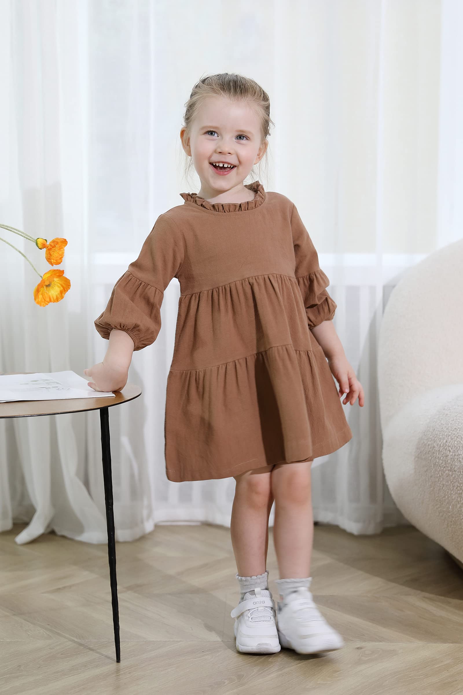Toddler Kids Baby Girl Dress Lantern Long Sleeve Solid Color Casual Dresses Girls Fall Winter Outfit Clothes
