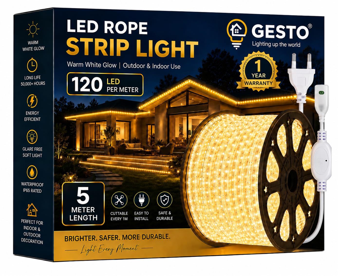 Gesto 5 Meter Warm White LED Rope Strip Light | 120 LEDs/Mtr IP65 Waterproof Indoor & Outdoor Lights for Balcony, Home D