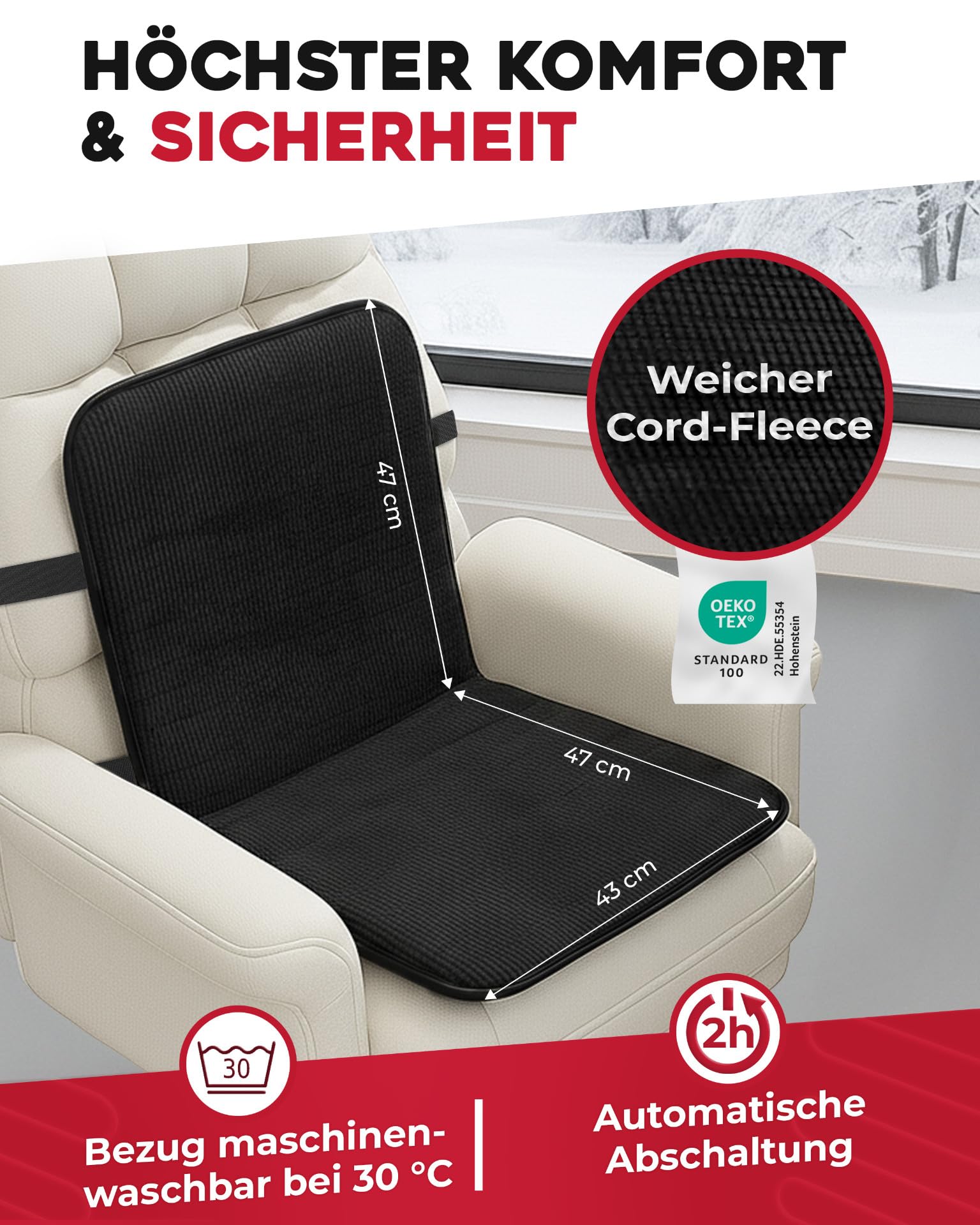 Delindo Lifestyle Sedia da ufficio riscaldabile, 43 x 94 cm, cuscino per seduta e schienale con 3 livelli di temperatura, 2 zone di riscaldamento, colore nero