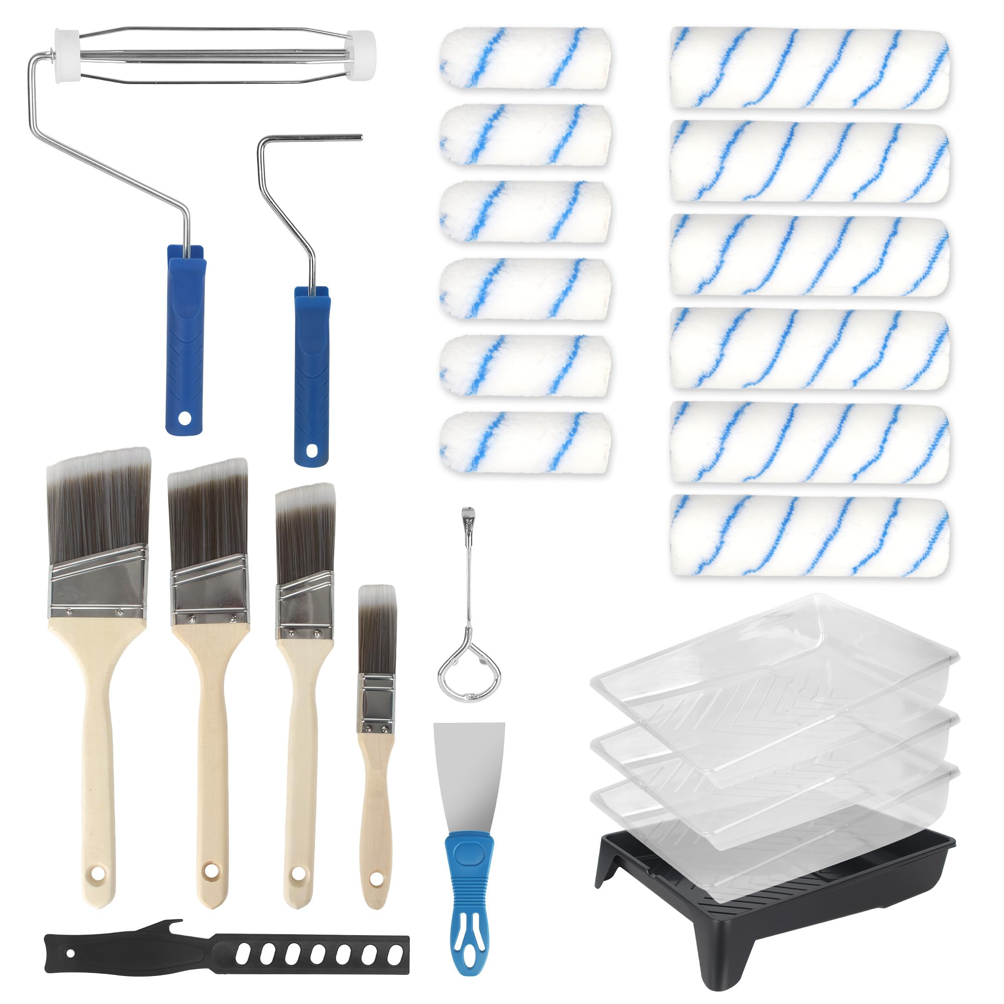 Set Rullo Pittura, Kit Verniciatura 25 Pezzi con rullo per pittura, Pennelli e Vaschetta, rullo pittura in Microfibra, rullo per pittura con serbatoio professionale per Verniciare e Rinnovare Pareti