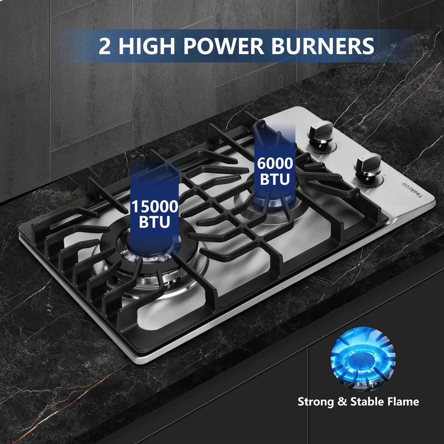 12 Inch Gas Cooktop, Built-in 2 Burners Stainless Steel Stovetop, Propane/Natural Gas Convertible Cooktop for RVs, Apartments, Outdoor