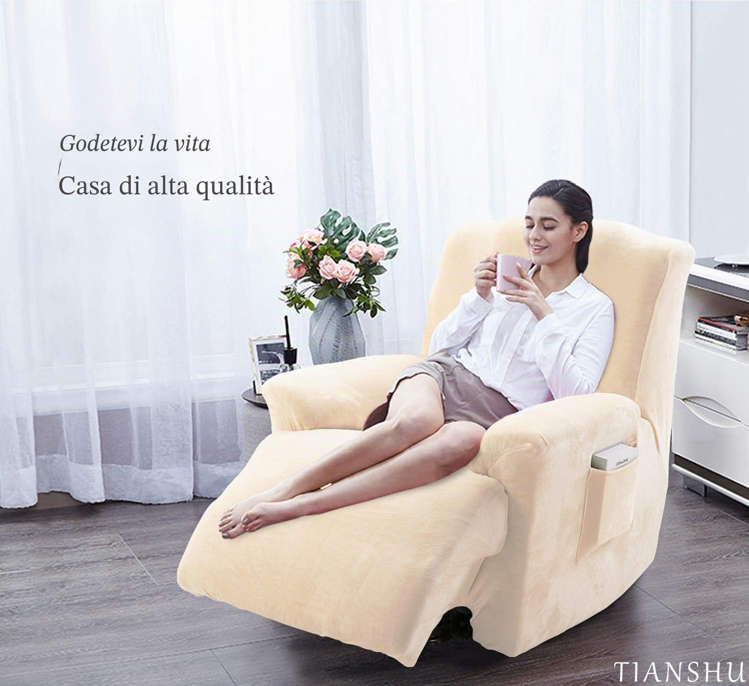 TIANSHU Copripoltrona Relax in Velluto,Copripoltrona Relax Reclinabile,Copridivani in morbido peluche di velluto per divano Fodere per mobili di lusso alla moda(Poltrona Relax, Beige)