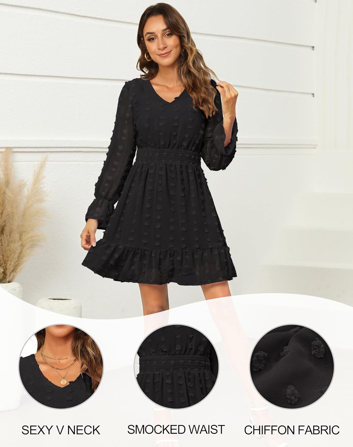 Annebouti Womens 2024 Long Sleeve Mini Dress Fall Casual Flowy Swiss Dot Smocked V Neck Babydoll Dress