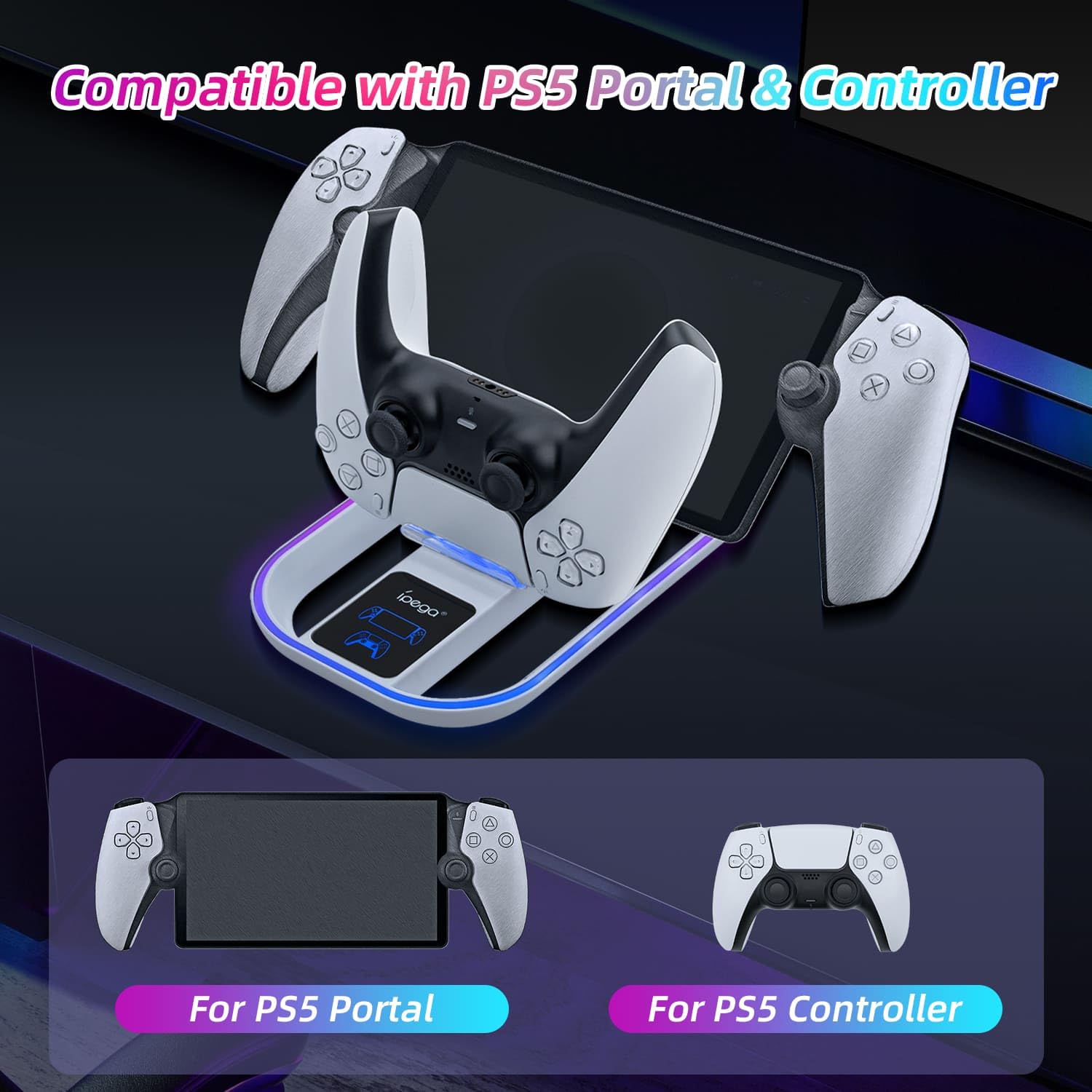 Mcbazel Base de Carga para PS Portal Remote Player y Controlador PS5, Soporte de Carga Portátil con 14 Modos de Luces RGB para Consola PS Portal Remote Player/Controlador PS5