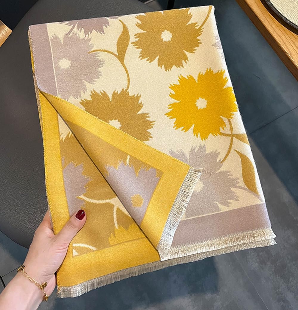 Women's Blanket Chunky, Pashmina Shawls Wraps Oversized Winter & Fall Warm Scarfs Soft Cashmere Feel for Women (Beige Yellow-Flower) - Image 5