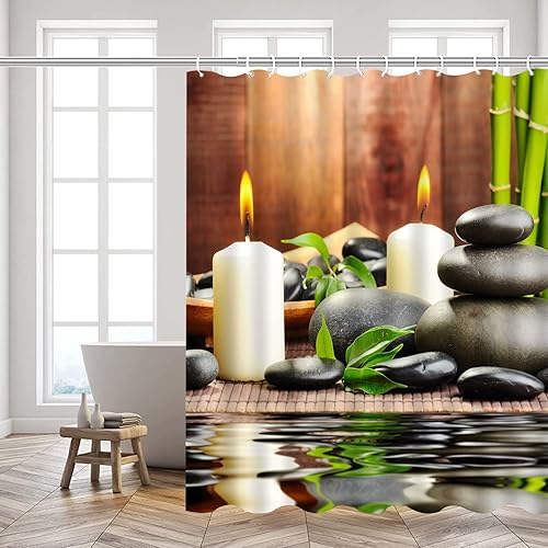Miniatura 2 de Cortina de ducha de tela de poliéster, decoración de spa por baño, decoración de jardín zen para baño, diseño mágico japonés, velas de bambú, verde