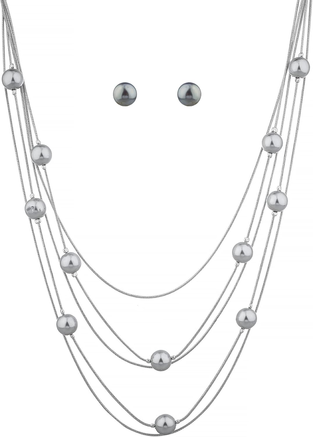 Nicole Miller Pearls Multi-strand Long Necklace Set with Pearl Earrings (Silver/Hem)
