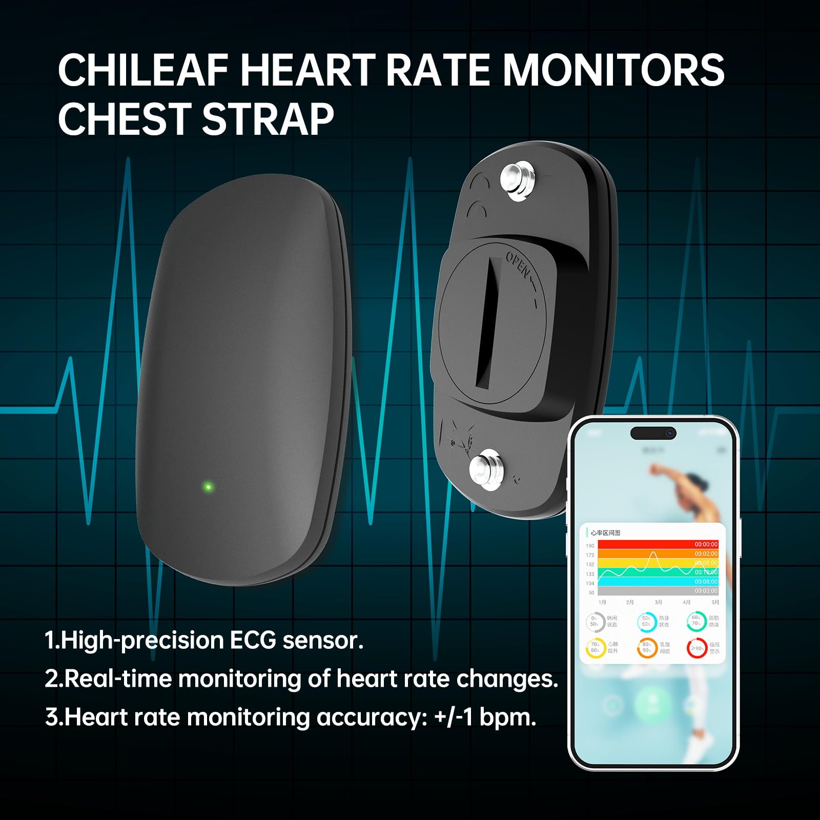 Brassard de Moniteur de fréquence Cardiaque HRM CHILEAF Capteur de fréquence Cardiaque Capteur HR IP67 Ant+ Bluetooth 60H Longue durée de Vie de la Batterie Compatible avec Polar Beat, Wahoo Fitness