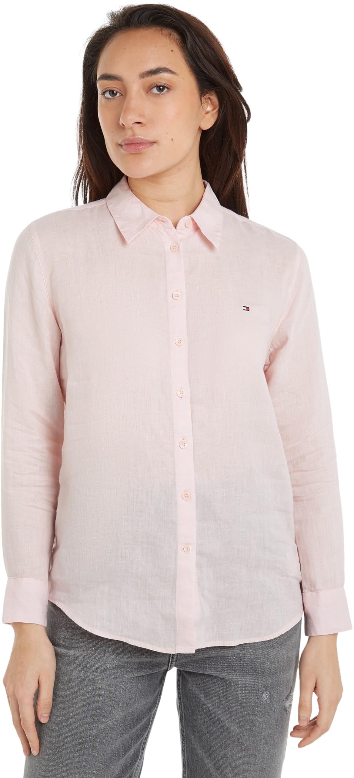 Tommy Hilfiger Women Linen Relaxed Shirt Ls Casual Shirts, Pink, 44