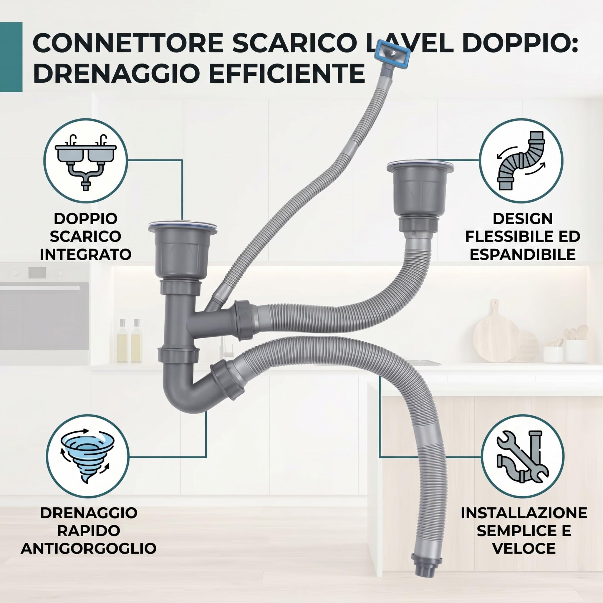 Ensemble de Vidange D'évier Double, Siphon Evier Cuisine Kit Tuyau D'Évier, Kit De Vidange Universel pour Évier pour la Salle de Bains à la Maison avec Anti-Odeur Débordement