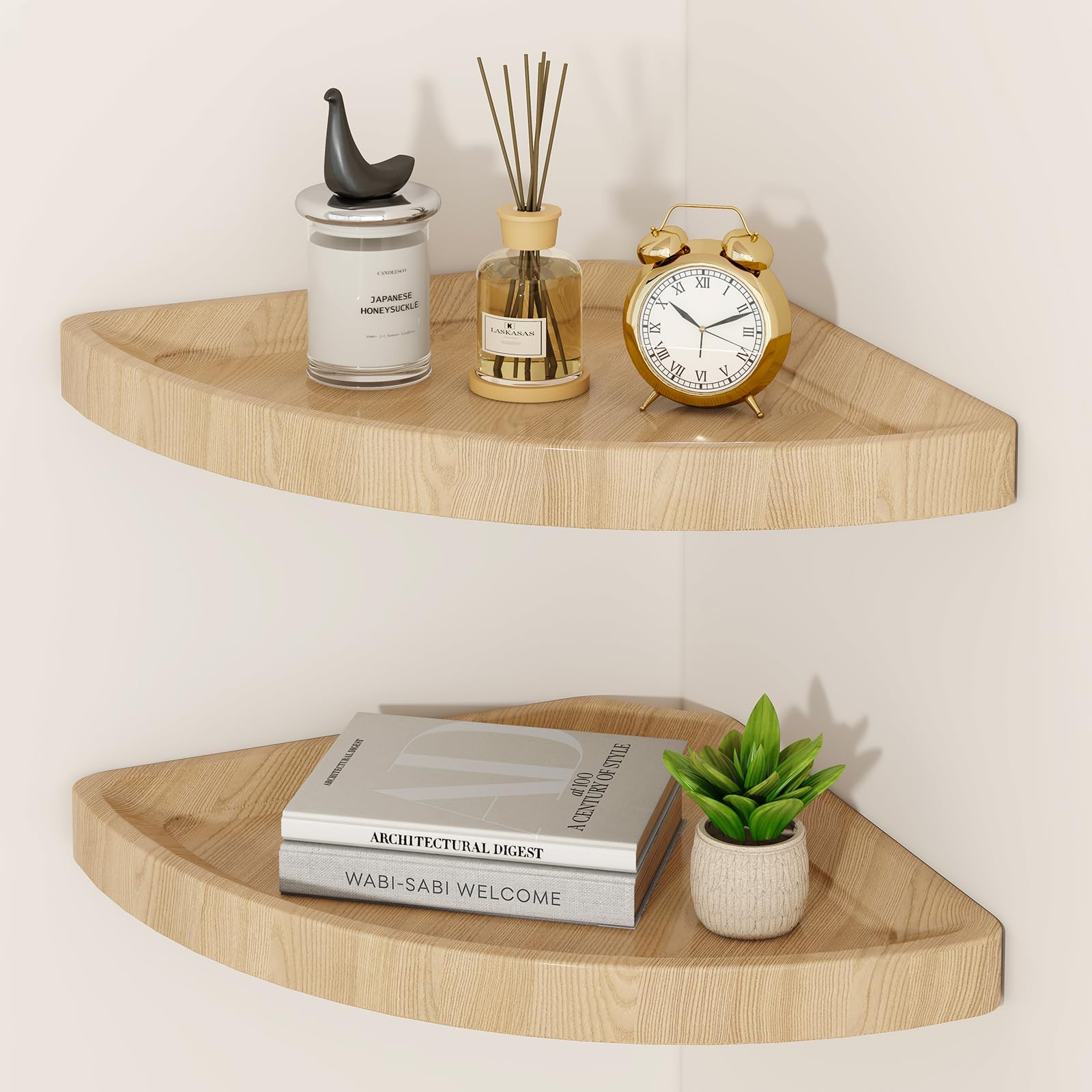 YMYNY Eckregal Hängend Corner Shelf Eck Regal Wandregal Zwei Stück Eckregal Wand Eckregal runde Enden Wandregal Eckregal Holz Landhausstil Regal für Schlafzimmer Wohnzimmer Naturholz HFS001R-2