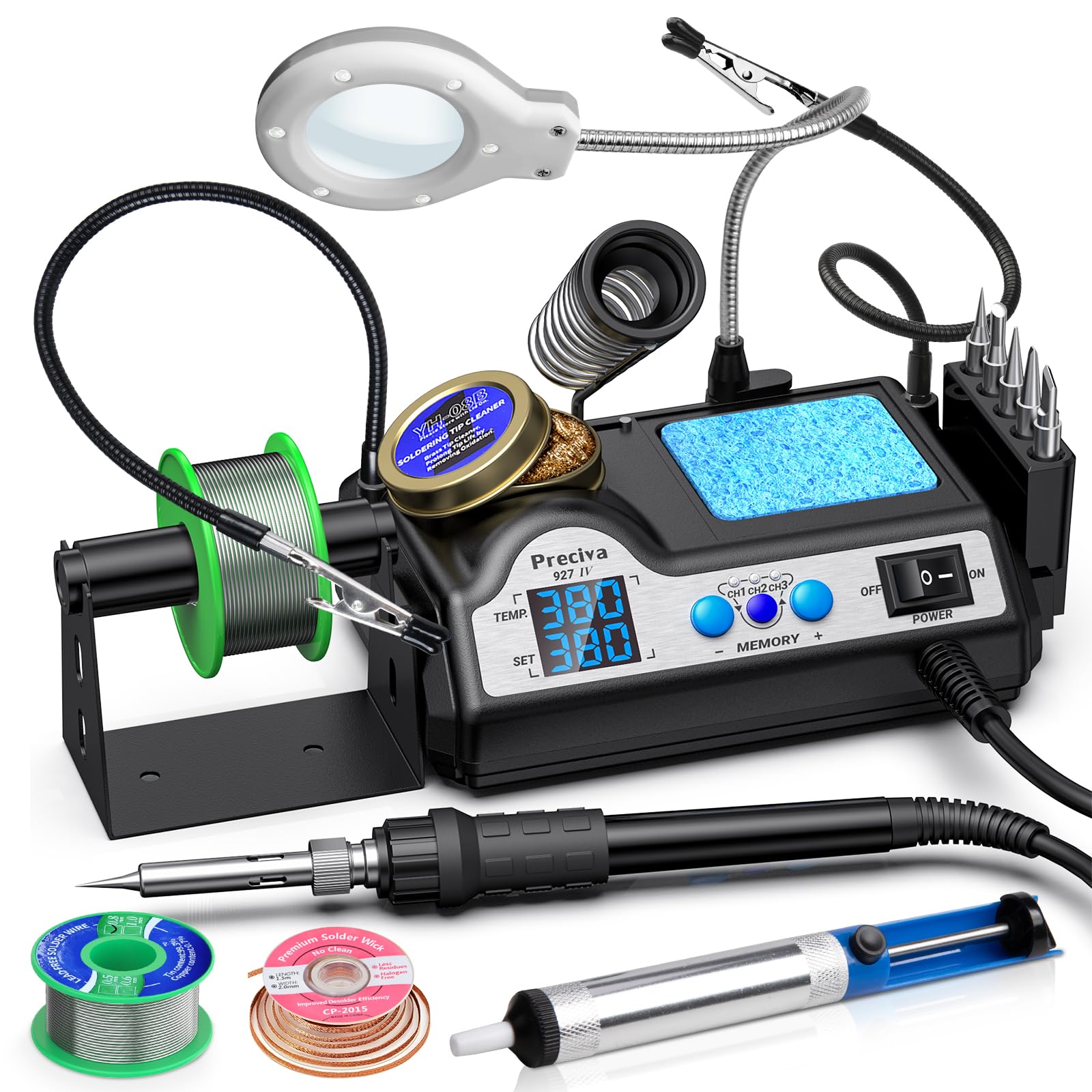 Fer a Souder, Preciva 927IV Station de Soudage avec Loupes et Deux Clips Auxiliaires, 130W Double LCD 90-480℃ Ajustable, Fers à Souders Etain avec 5 Têtes, Fonction Sommeil et Contrôle du Thermostat