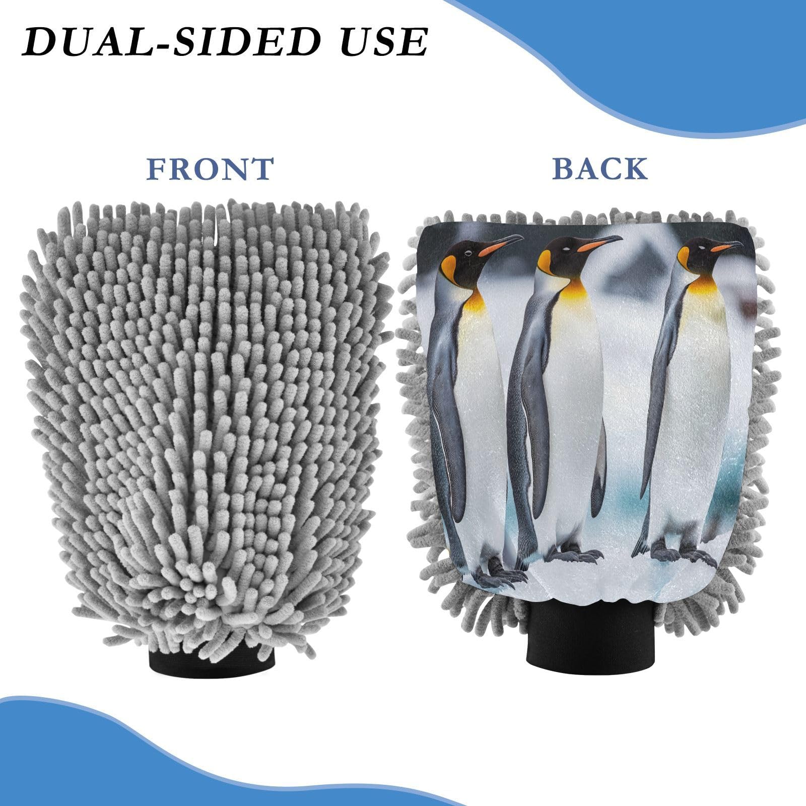 STAYTOP Penguins Standing on an Ice Floe Car Wash Mitt Microfiber, 2Pcs Scratch Free Lint-Free, Premium Chenille Microfiber Mitt Car Wash Brush-M