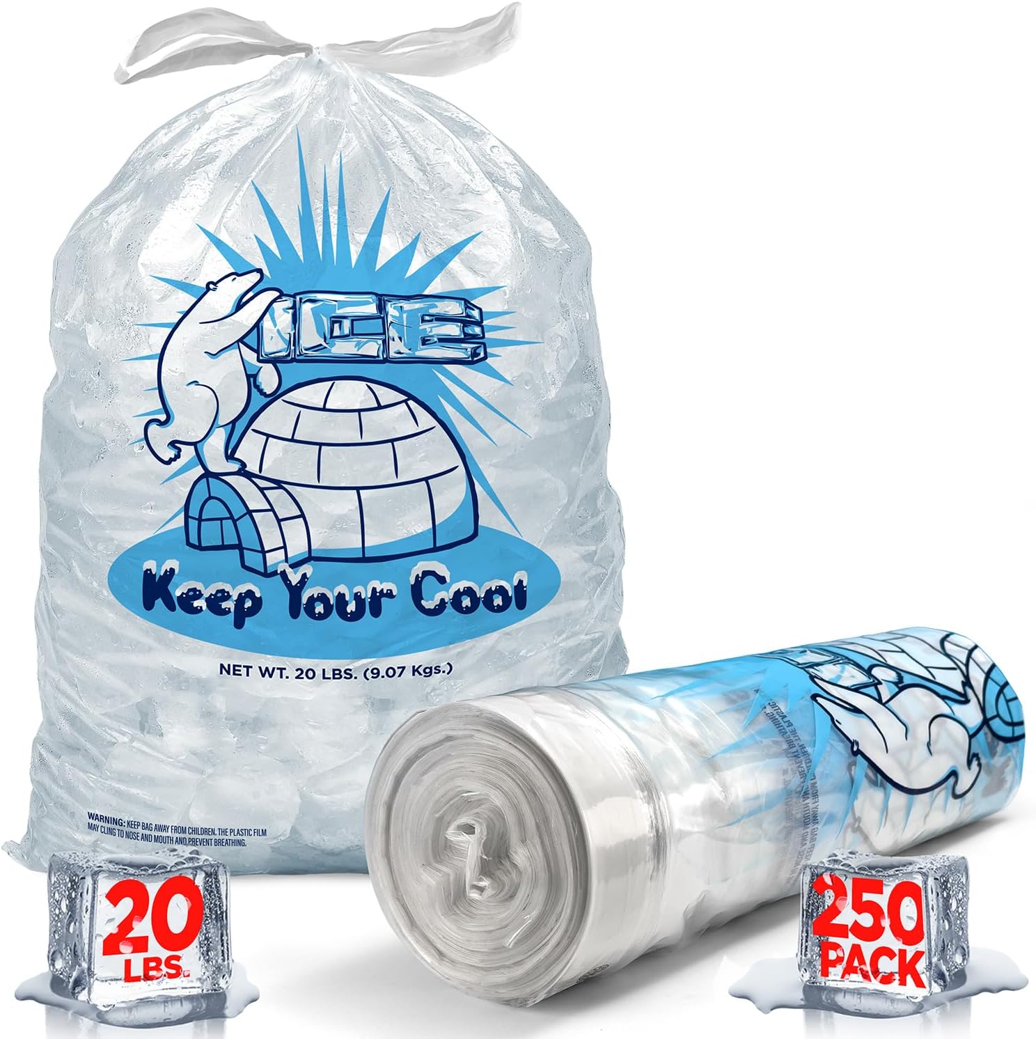 Ice Bags 20 lb with Drawstring - 250 Pack Ice Bags for Ice Machine, Heavy-Duty Reusable Ice Cube Bags, Plastic Bags for Ice, Ice Storage Bags for Freezers