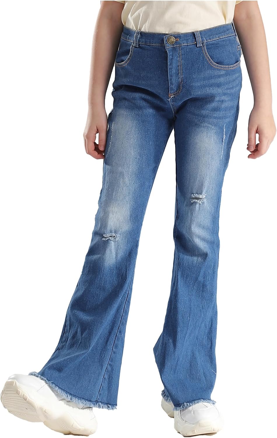 Oyolan Kids Girls Flare Jeans Boot Cut Bell Bottom Jeans High Waisted Skinny Tassel Hem Casual Washed Denim Pants