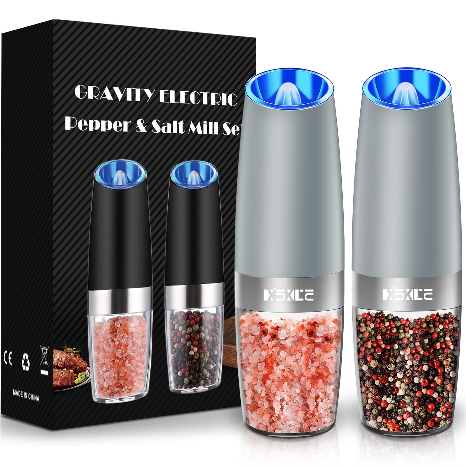 XinXu Gravity Electric Pepper and Salt Grinder Set, Adjustable Coarseness, Battery Powered with LED Light, One Hand Automatic Operation -Light Grey/2 Pack