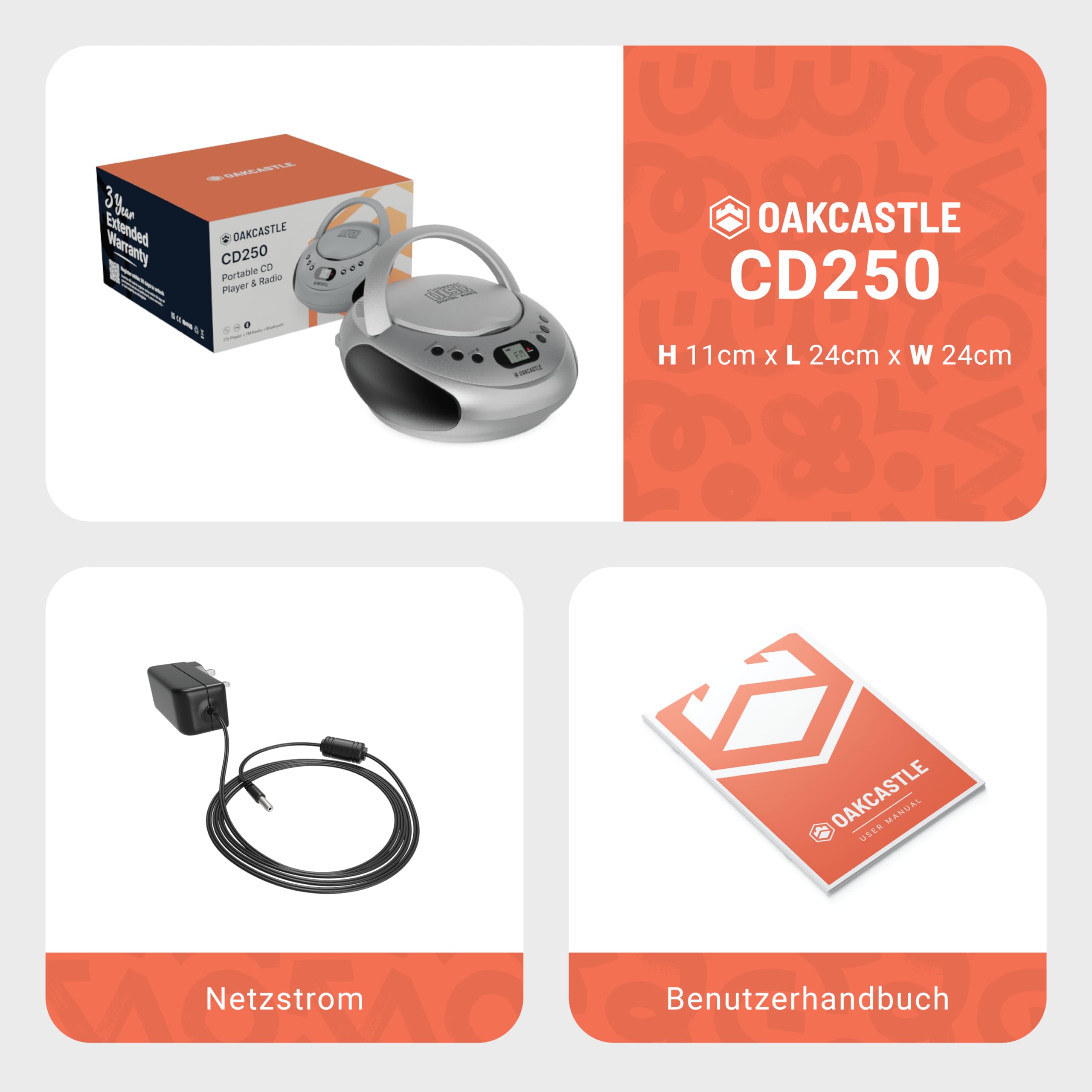 OAKCASTLE CD250 Tragbar Bluetooth Boombox | Einfache Kontrollen CD Player fur Kinder | Tragbare CD Spieler mit FM Radio, 30 Radiovoreinstellungen, LED-Anzeige & Kopfhörerbuchse (Silber)