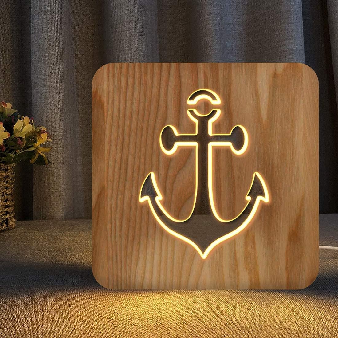 Sailing Boat Anchor Wooden Carving Night Light Warm White LED Bedside Table Lamp for Home Room Party Decoration, Creative Nautical Gifts for Men Women Friends Ocean Lovers