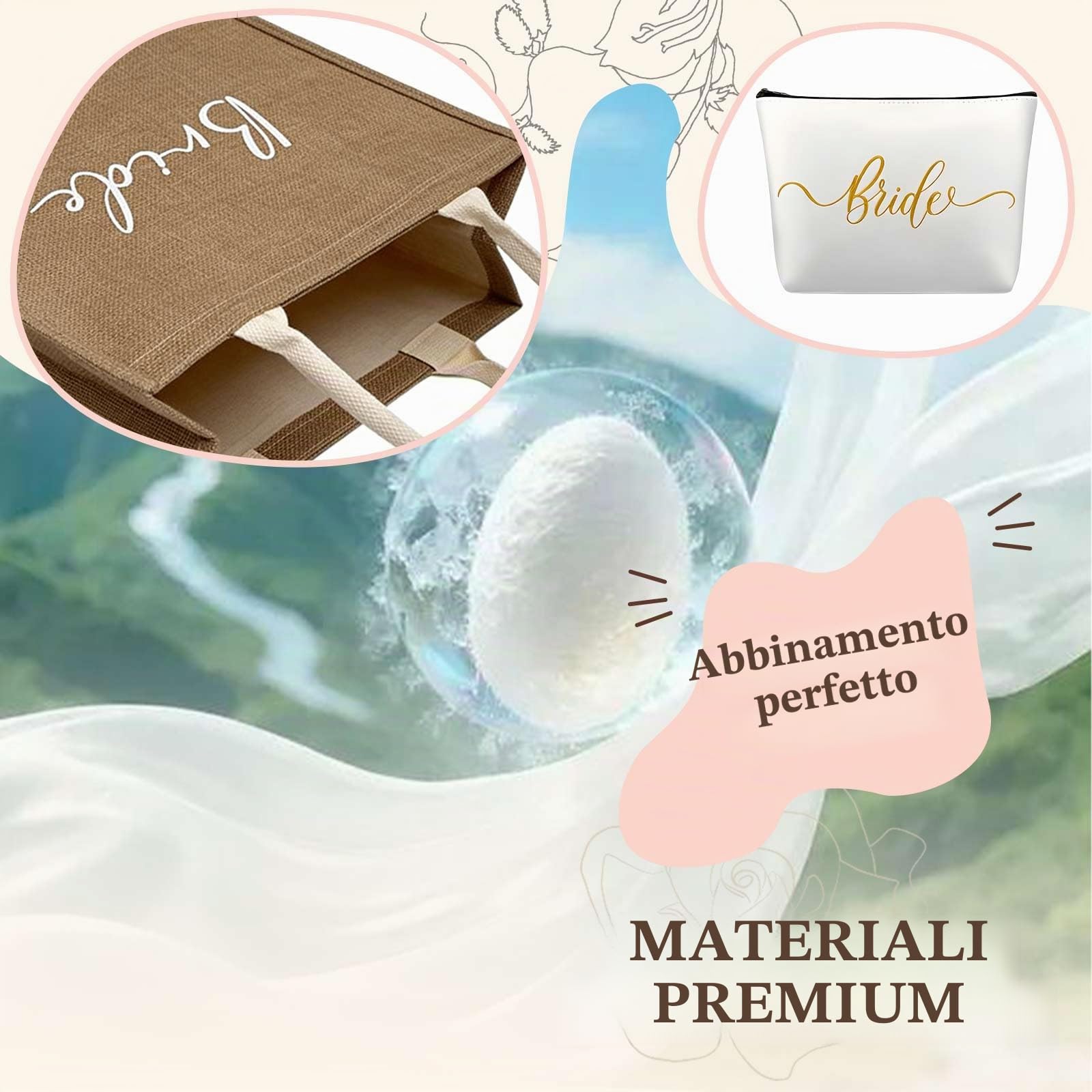 4 pezzi Set di regali per sposa Accessori JGA per donne Borsa in juta con borsa per cosmetici, pantofole, calzini, Borsa cosmetica Bride To Be JGA Borsa in juta per JGA, matrimonio, festa in spiaggia