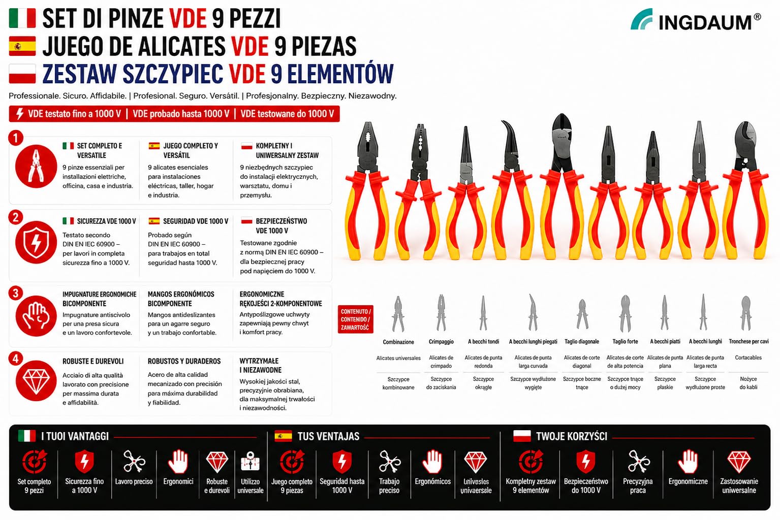 Set di Pinze VDE 9 Pezzi Isolate 1000V IEC 60900 | Tronchesi, Pinza Universale, Crimpatrice, Pinze a Becchi e Piatta, Pinza Tonda e Tagliacavi