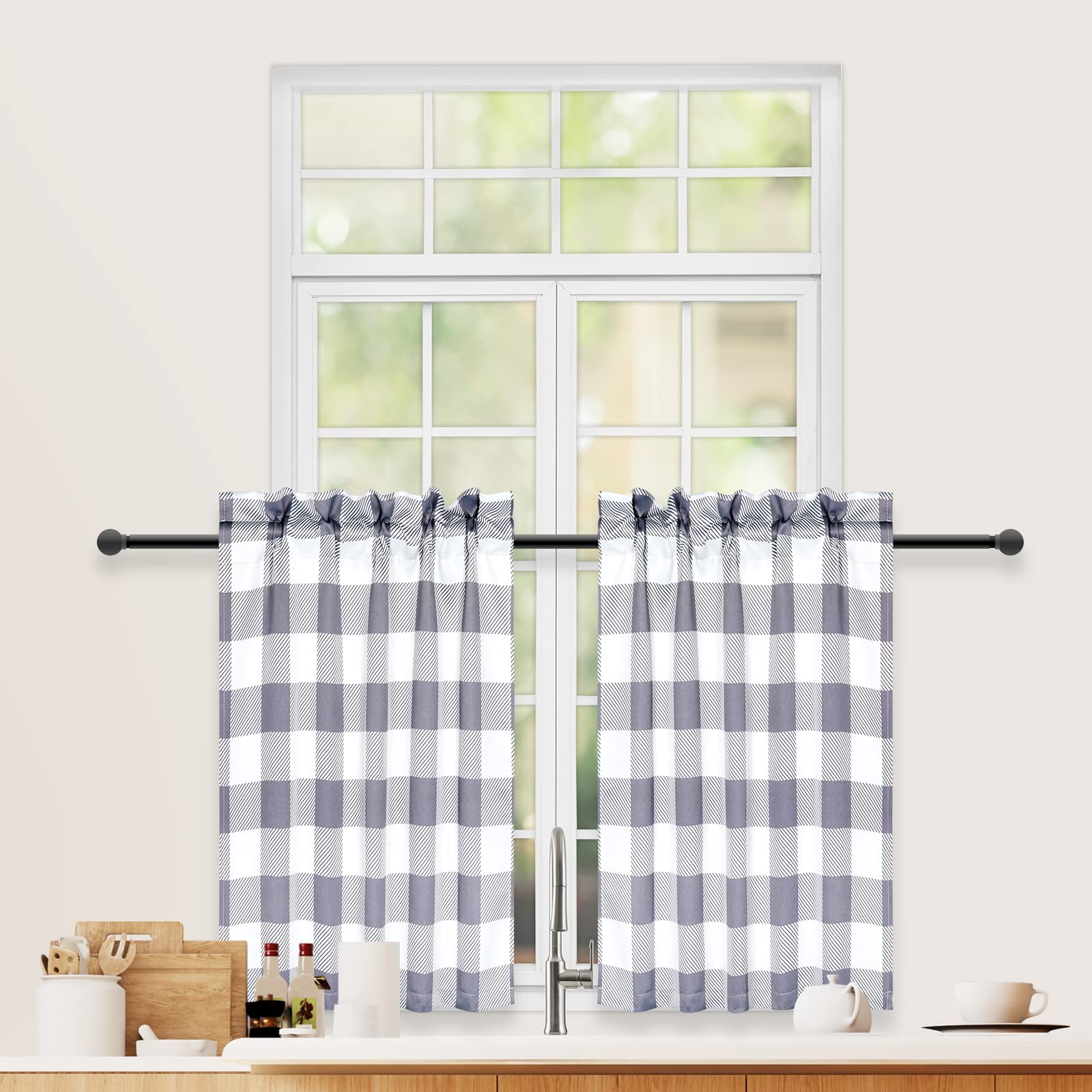 Simple Deluxe Buffalo Plaid Check Kitchen Tier Curtains, Short Small Window Gingham Curtain for Cafe, Bathroom, Kitchen Rod Pocket Curtains, 26" W x 24" L, White and Gray