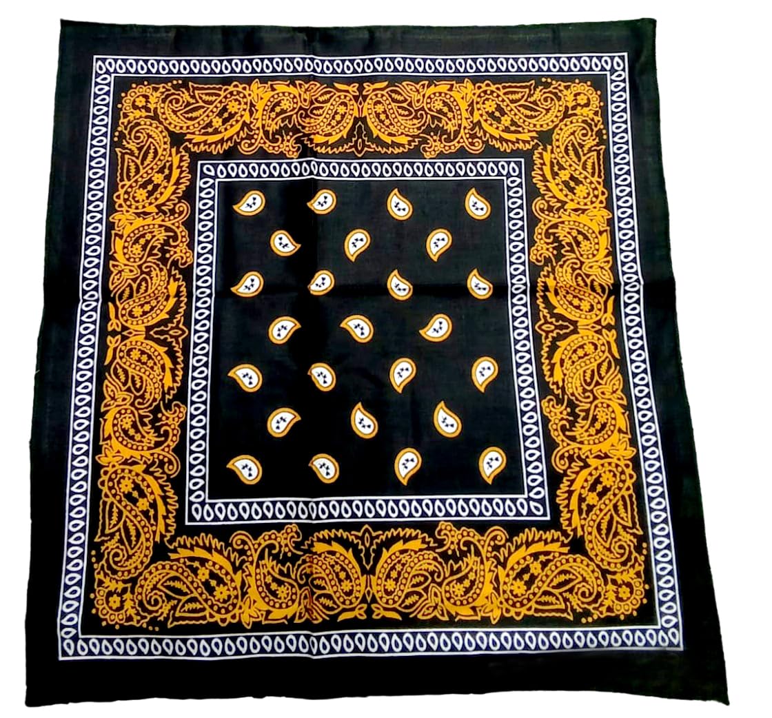 Aadikart 100% Cotton Paisley Printed Novelty Cowboy Bandana Handkerchiefs Multi-purpose For Men and Women (Black Gold)