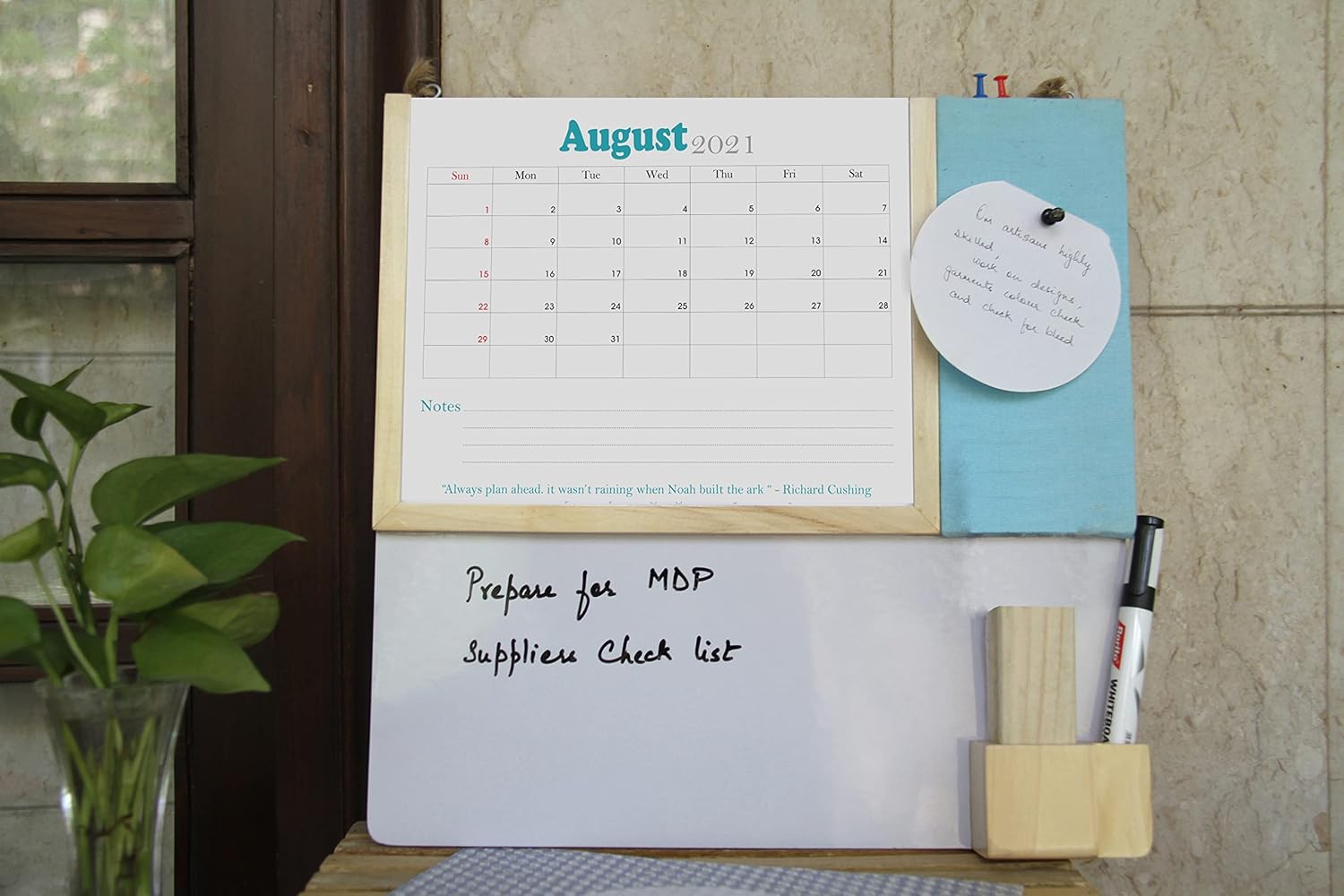 IVEI Planner Combination Board - Blue- pin Board and whiteboard Combination Board with Planner - Dry Erase Board - Bulletin Board - Innovative Organizer - for Office and Home