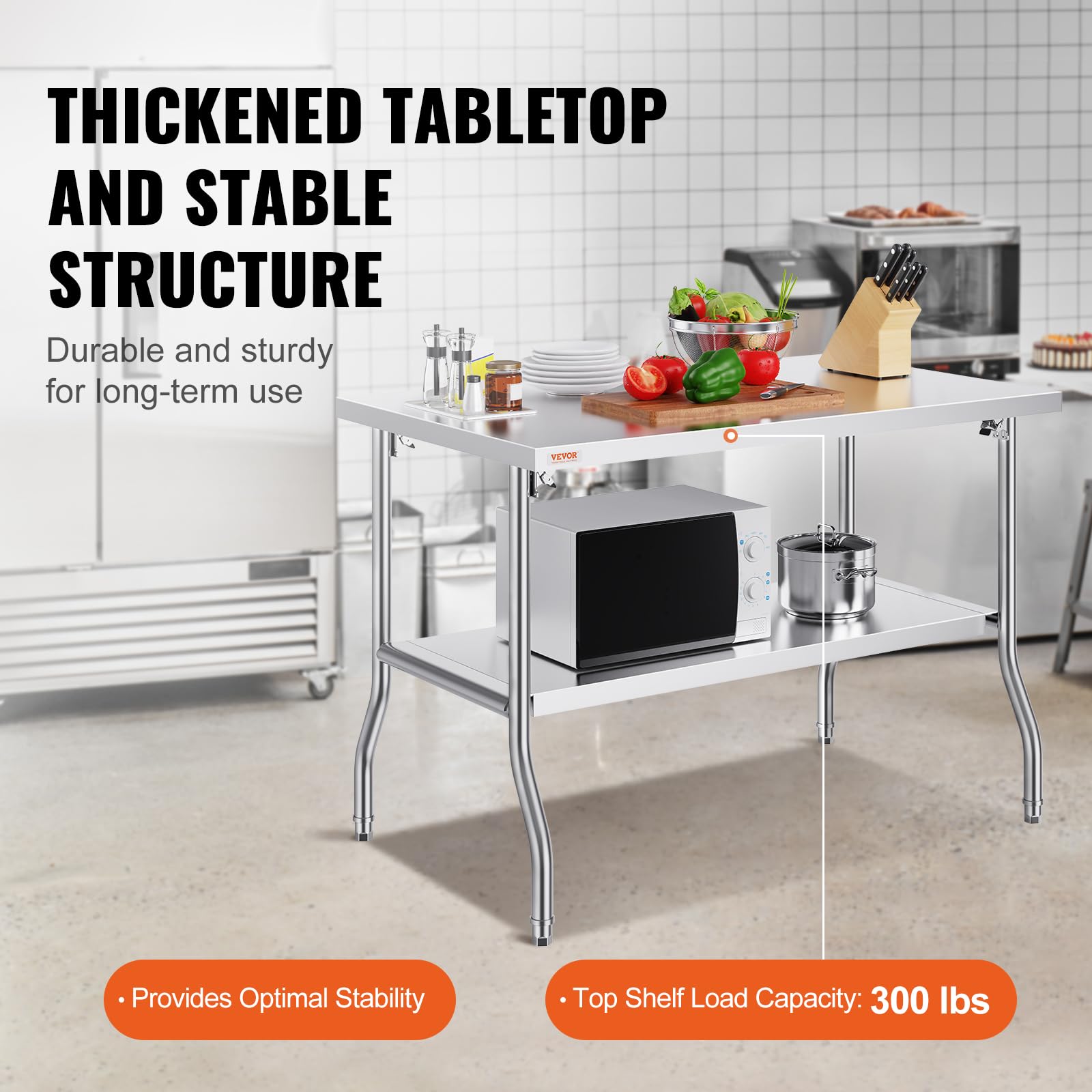 VEVOR Table de Travail INOX 122 x 76 x 86 cm, Table de Préparation Commerciale avec Étagère, Table de Cuisine INOX Pliante, Charge Lourde, pour Rangement Aliments, Maison, Restaurant, Bar, Garage