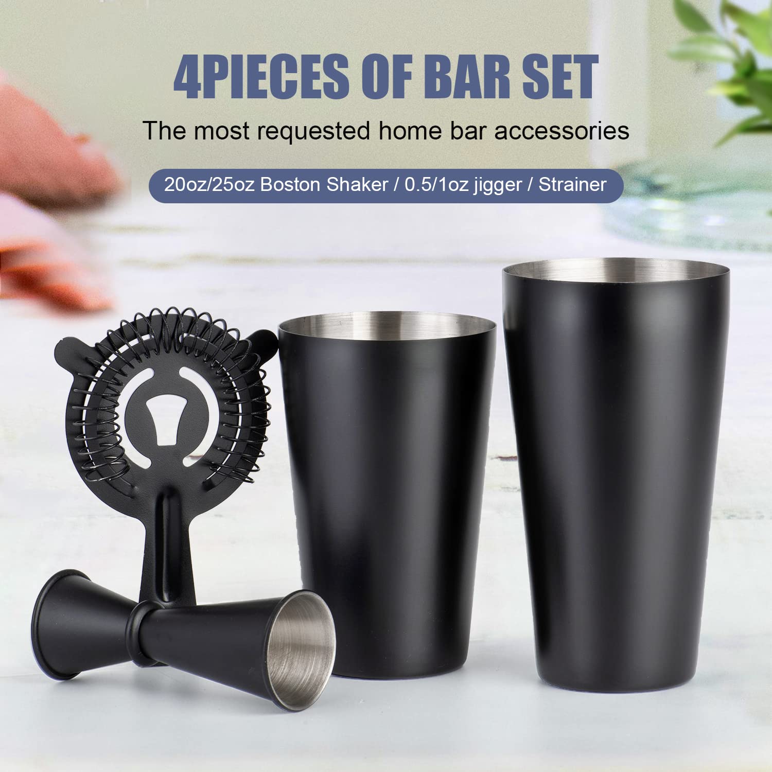 JNWINOG Juego de coctelera de cóctel, kit de coctelera Boston de 4 piezas con coctelera de 20 onzas/25 onzas, colador y doble jigger, juego de barra para batidora de bebida casera (color negro mate)