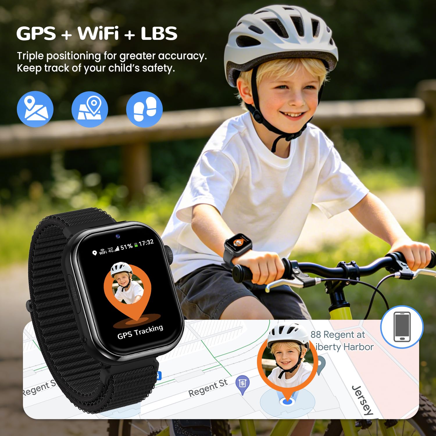 4G Montre Connectée Enfant, Montre Telephone Enfant avec GPS, Appel Vidéo, Chat Vocal, Double Caméra, SOS, Mode École, Podomètre, Réveil, Appareil Photo, IP68, Smartwatch pour Garçons Filles, Noir