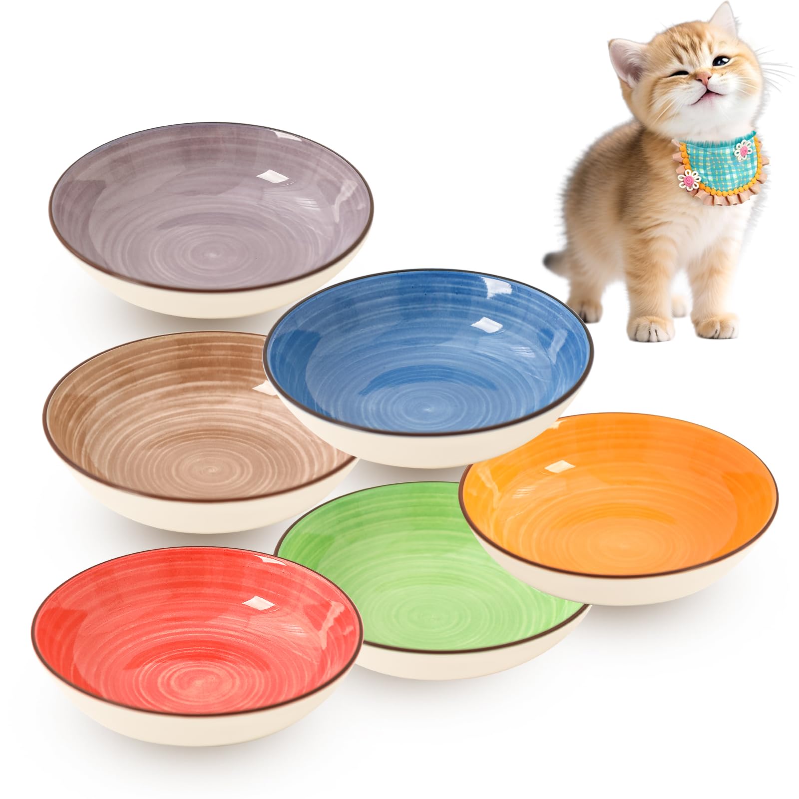 Colorful Ceramic Cat Bowls Set - Wide and Shallow Dishes for Food and Water - 6-Pack Cat Feeding Bowl Whisker-Friendly - Microwave and Dishwasher Safe - 5.7" x 1.3" - 5 oz