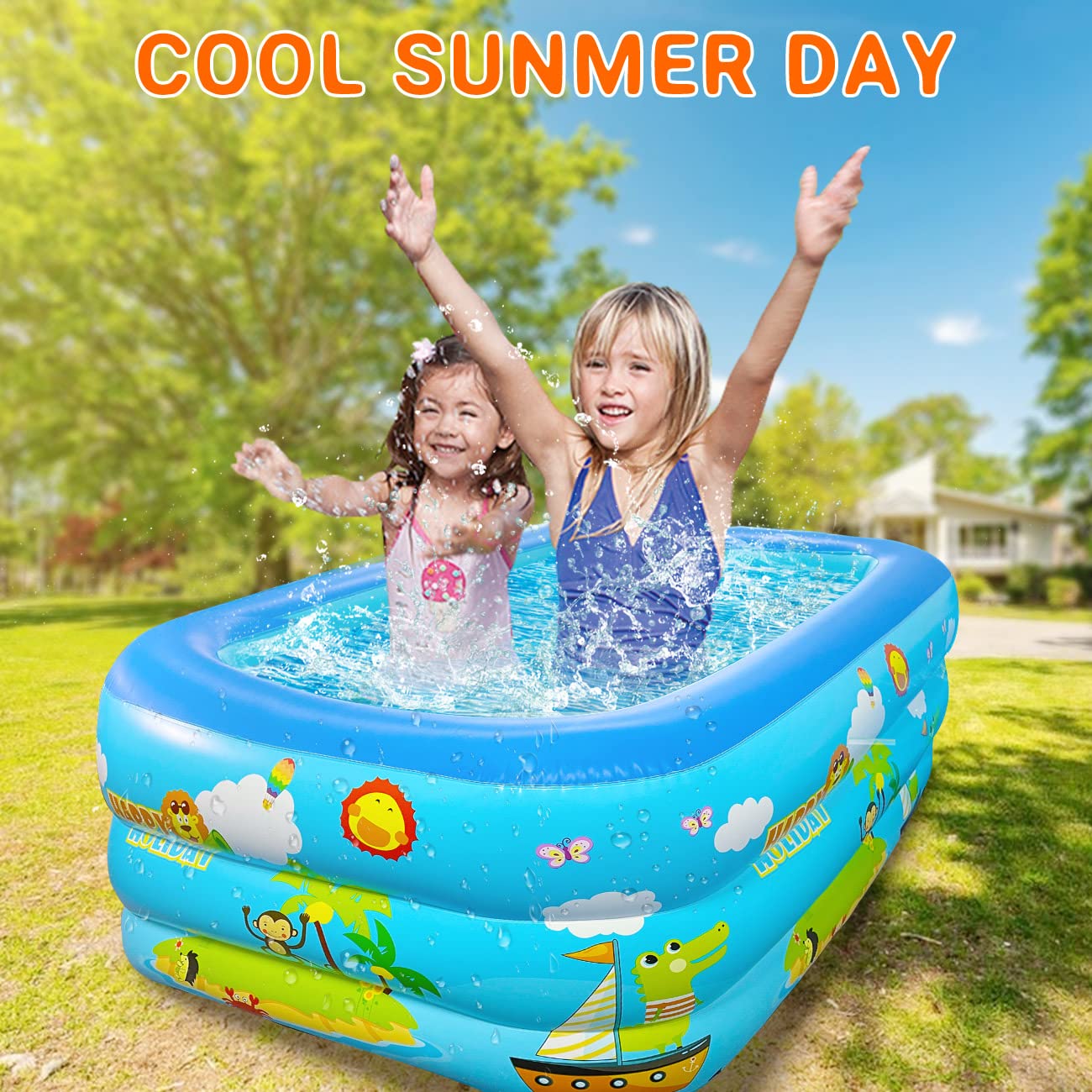 Jiosdo Piscina de chapoteo grande 150 cm, piscina familiar hinchable, piscina de chapoteo para bebés, piscina infantil rectangular, piscina familiar con suelo suave hinchable para verano, diversión
