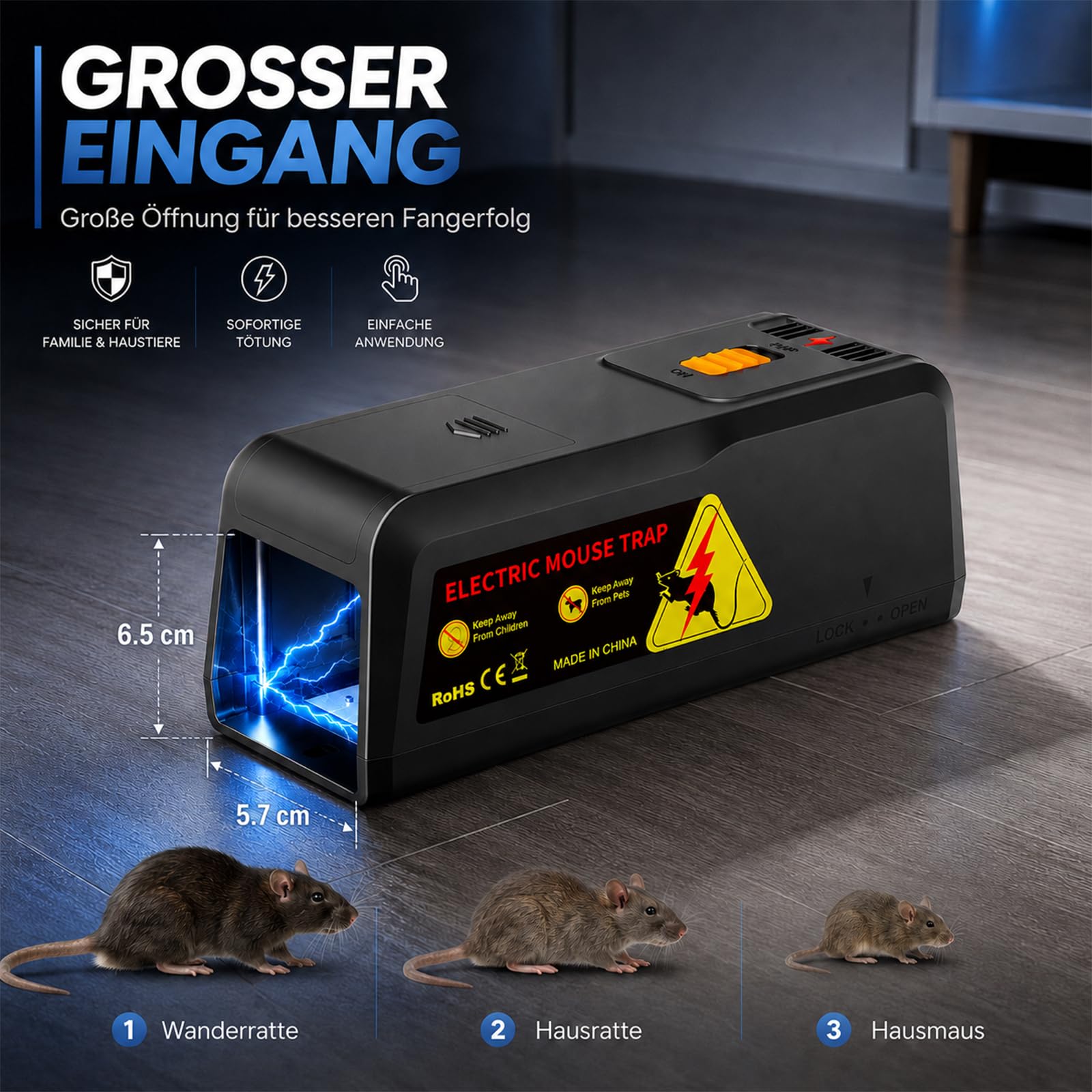 Rattenfalle Elektrisch 2800V, Elektrische Mausefalle mit Großem Einlass, Wiederverwendbar, Hygienisch, Für Haus, Keller, Garage