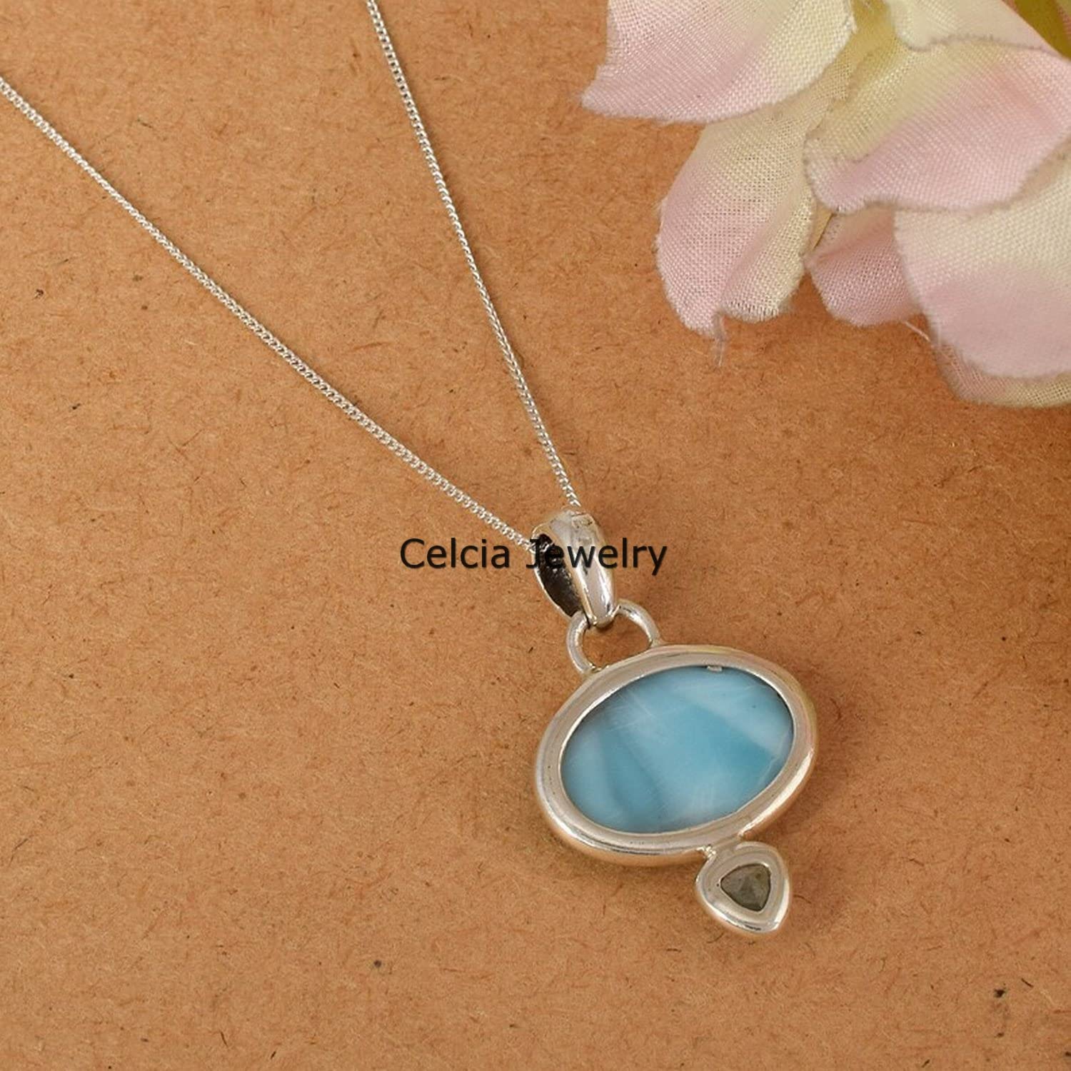 Collar de plata de ley 925 maciza para mujer, larimar genuino y topacio azul con múltiples piedras preciosas, collar único hecho a mano para ella