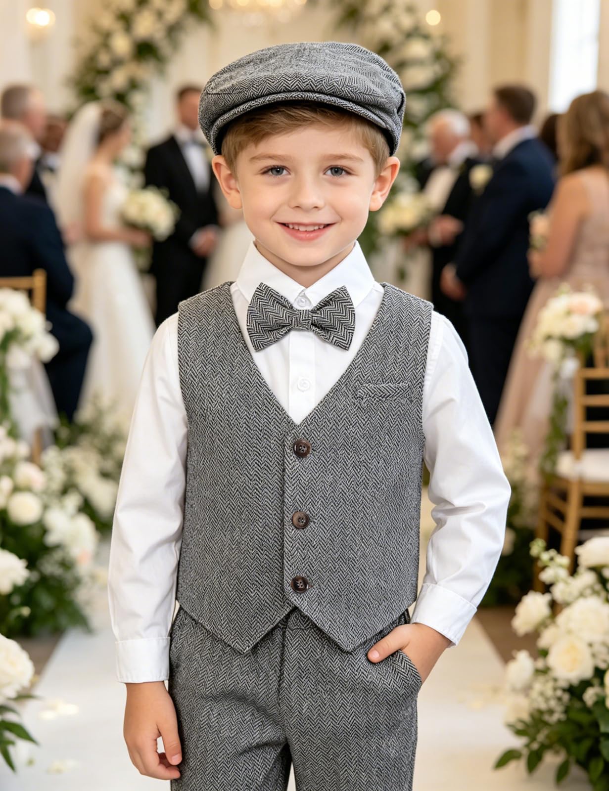 A&J Design - Juego de traje de caballero para bebés, 4 piezas, camisas, chaleco y pantalones y boinas - gris - 3-4 años